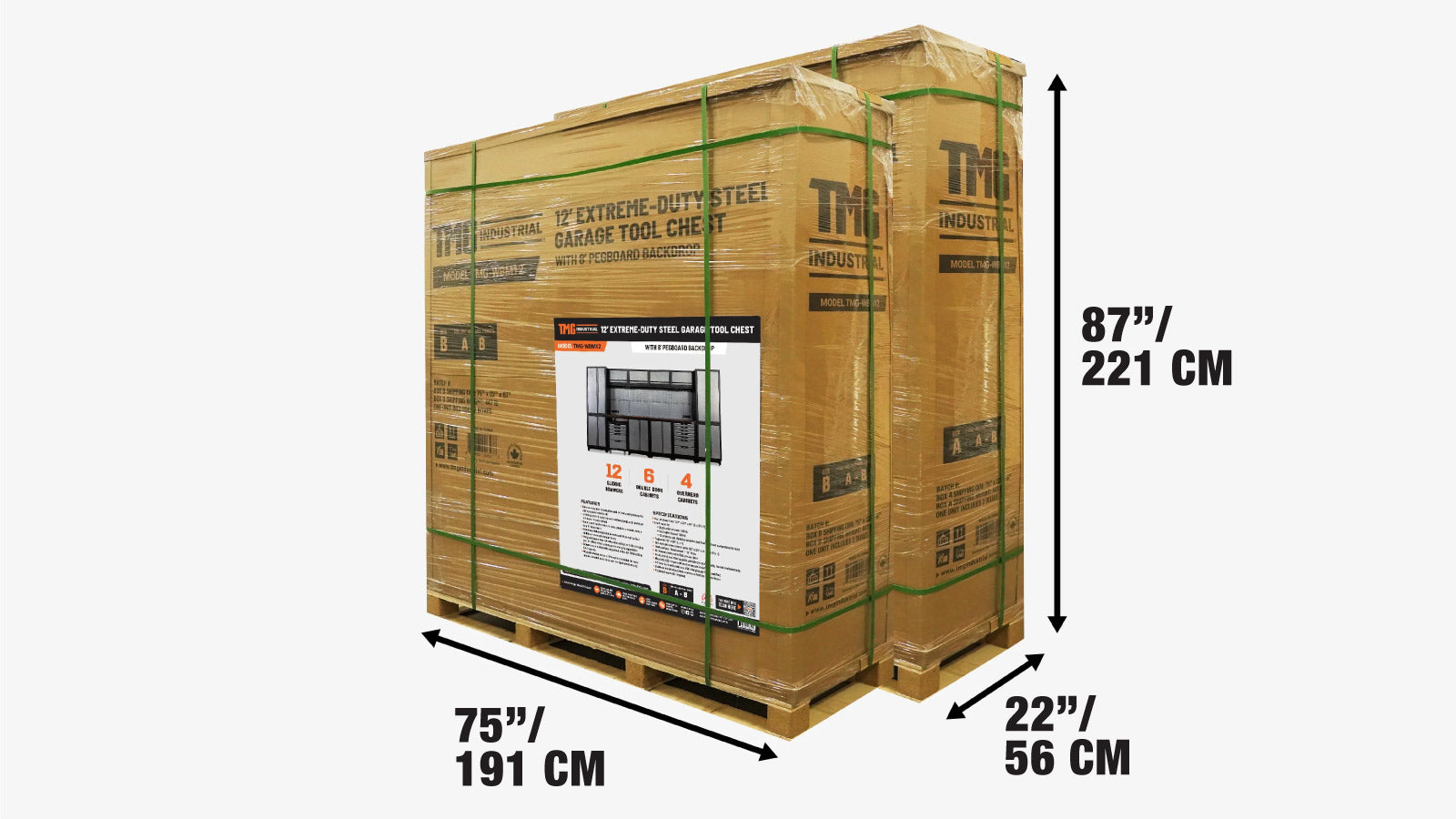 12’ Extreme-Duty Steel Garage Tool Chest w/Pegboard, Power Outlets, USB Port, Magnetic Motion LED Lamps, Cabinets & Roll-Out Tool Chest, TMG-WBM12-shipping-info-image