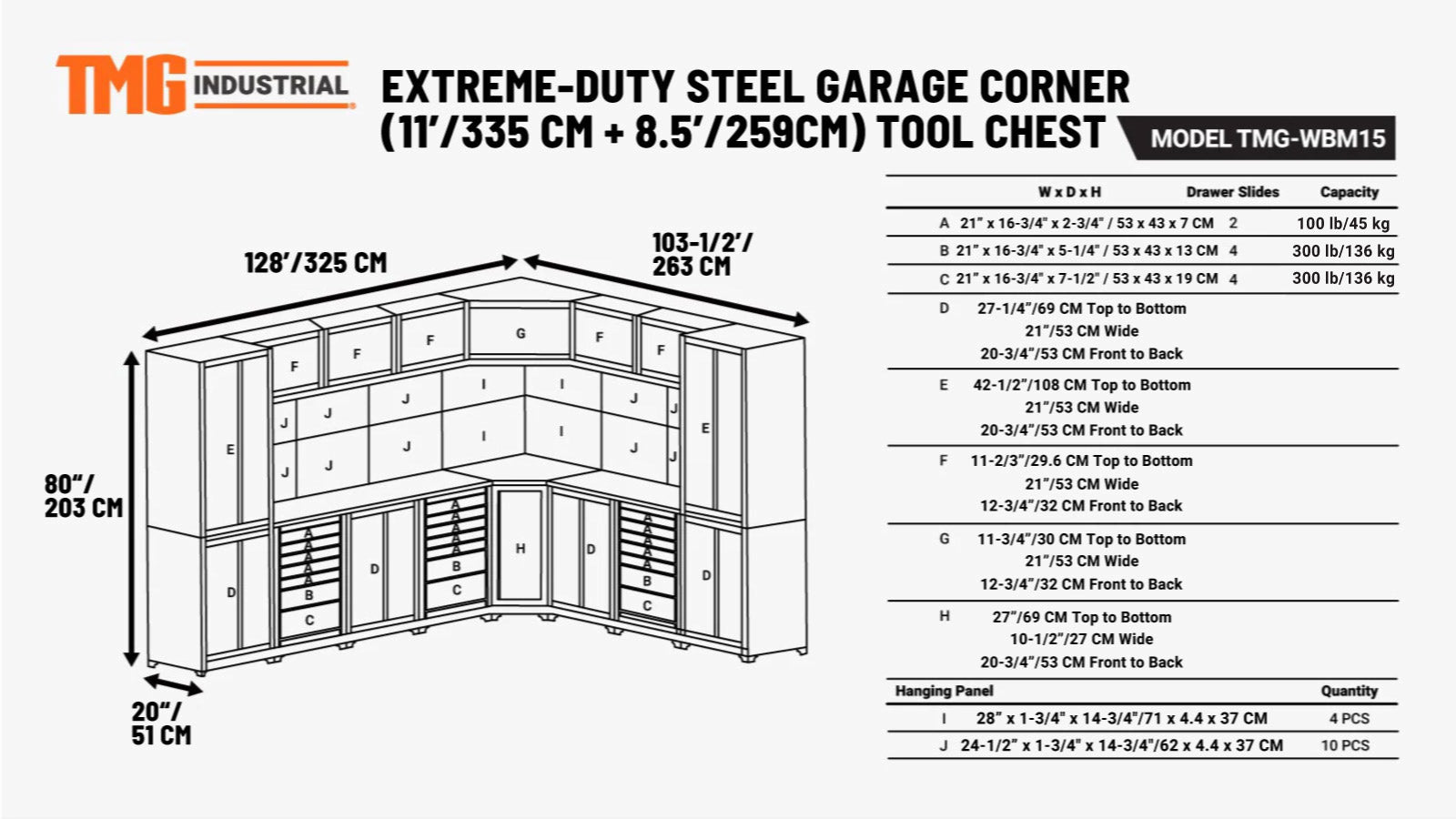 Extreme-Duty Steel Garage Corner (11’ + 8.5’) Tool Chest w/Pegboard, Power Outlets, USB Port, Magnetic Motion LED Lamps, TMG-WBM15-specifications-image