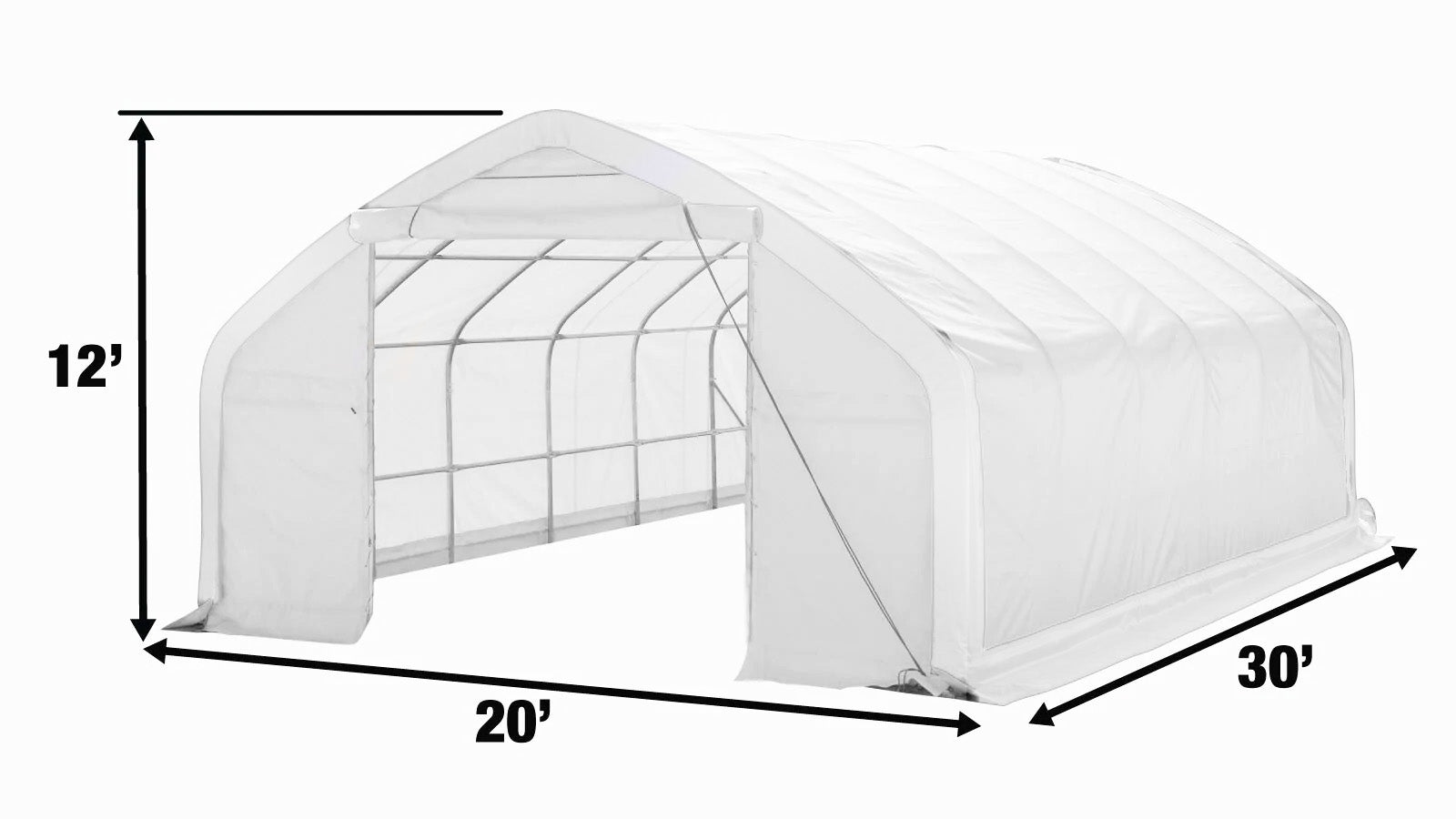 TMG Industrial 20' x 30' Straight Wall Peak Ceiling Storage Shelter with Heavy Duty 11 oz PE Cover & Drive Through Door, TMG-ST2031E-specifications-image
