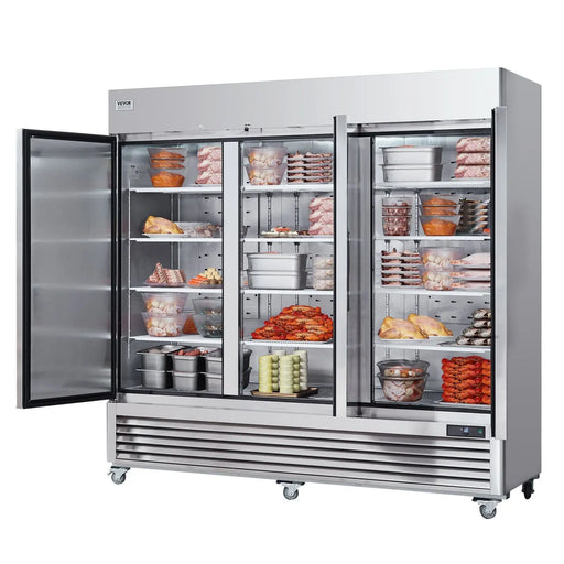 VEVOR Commercial Freezer 60.42 Cu.ft, Reach In 82.5" W Upright Freezer 3 Doors, Auto-Defrost Stainless Steel Reach-in Freezer with 12 Adjustable Shelves, -13 to 5°F Temp Control, 4 Wheels, DOBA-FZ60