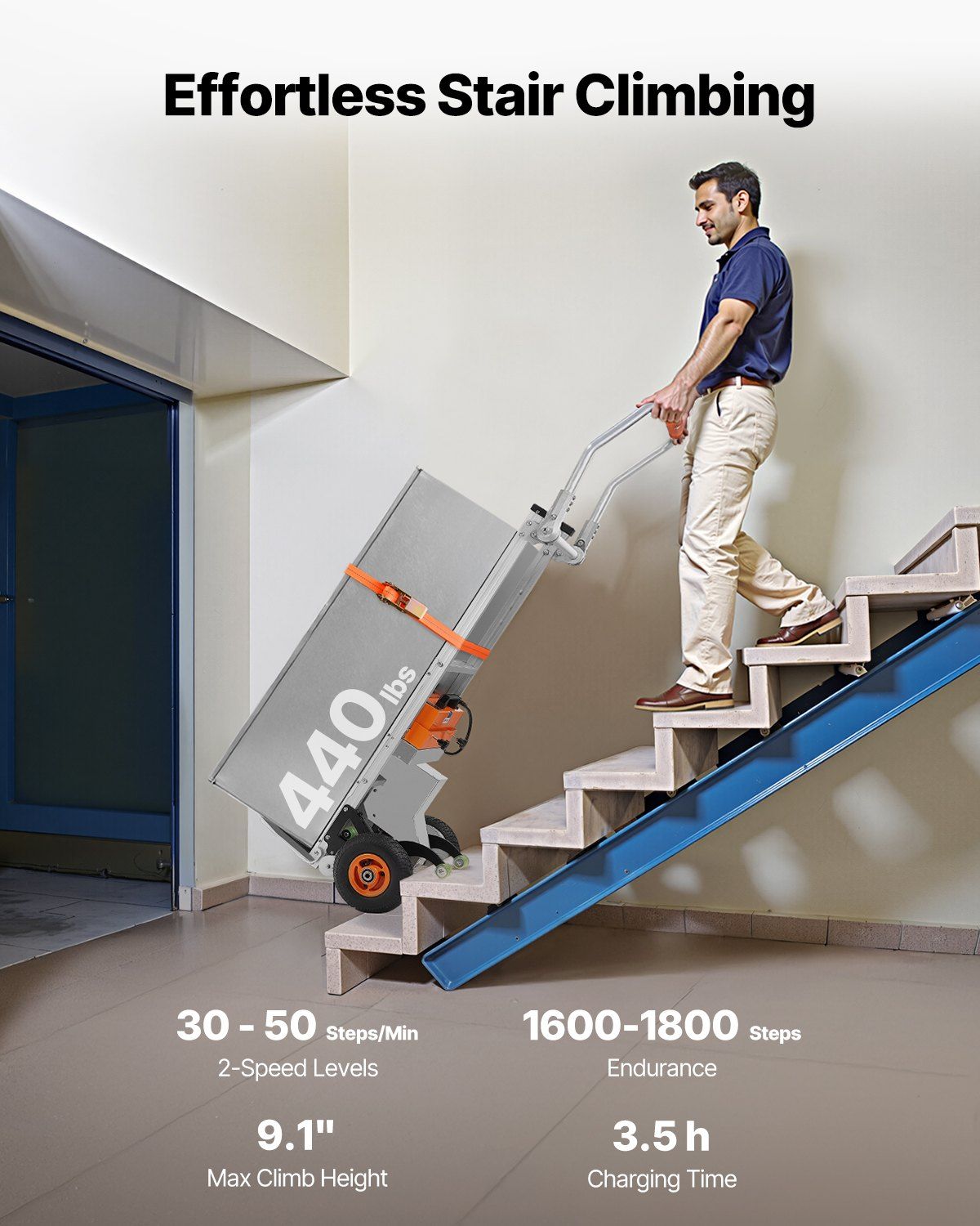 Electric Stair Climbing Dolly 440 lb Capacity with Rechargeable Battery, VEVOR, DOBA-ED440-description-image