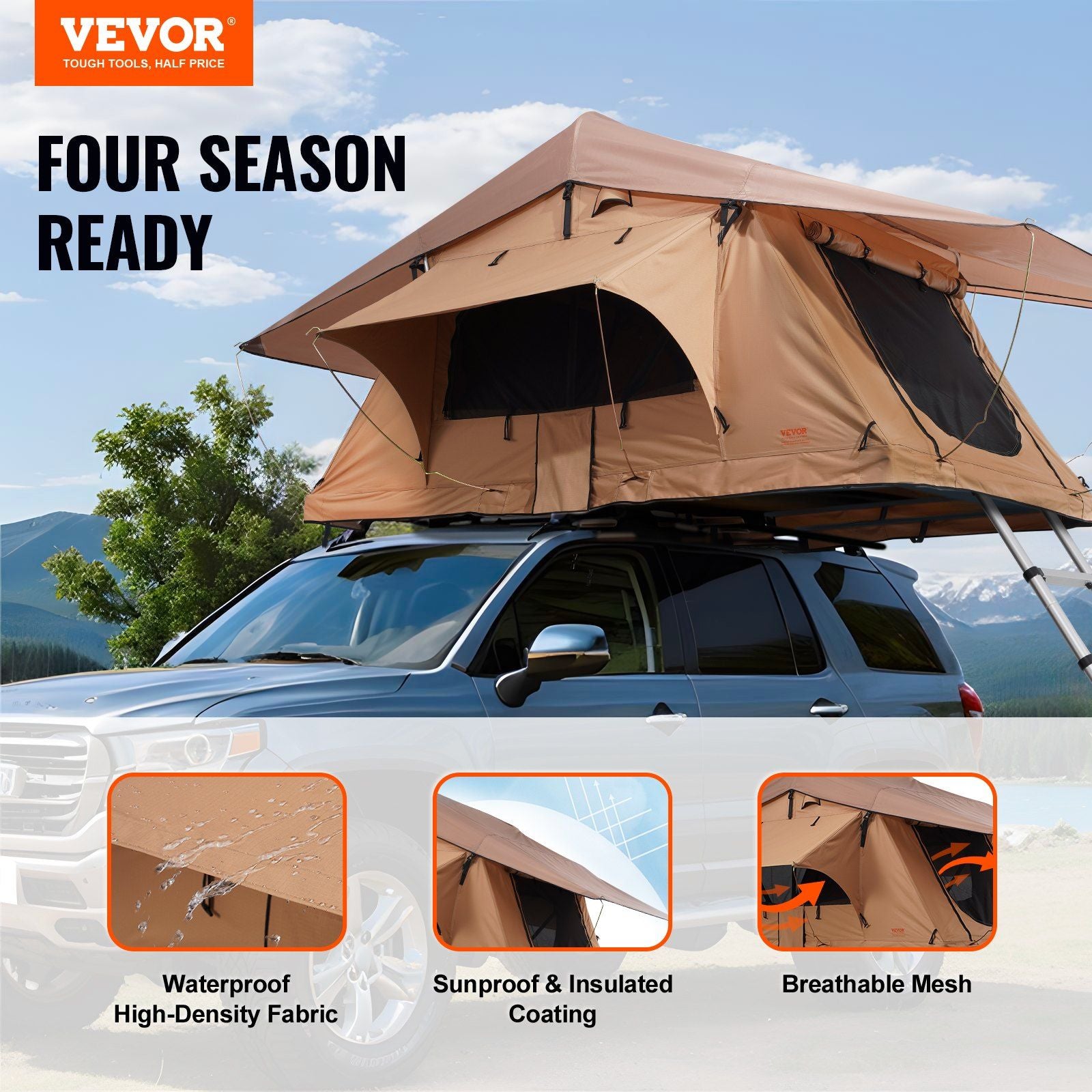 Rooftop Tent 2–3 Person Waterproof with Ladder, Inflatable Pole Camping Tent for SUV & Truck, VEVOR, DOBA-RTT23IP-description-image