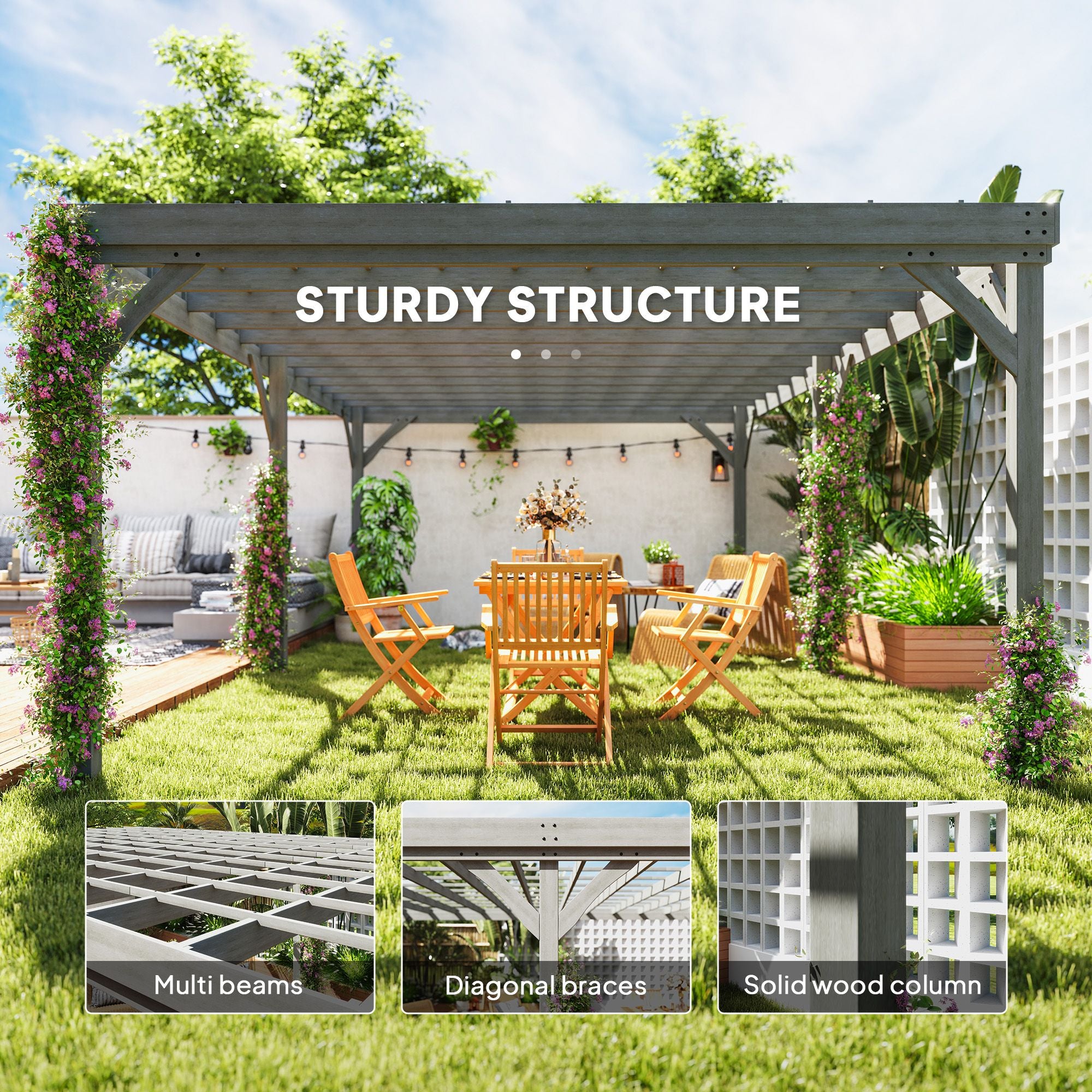 12' x 20' Wooden Pergola Gazebo with Grape Trellis & Concrete Anchors, Gray, DOBA-WPG1220-description-image