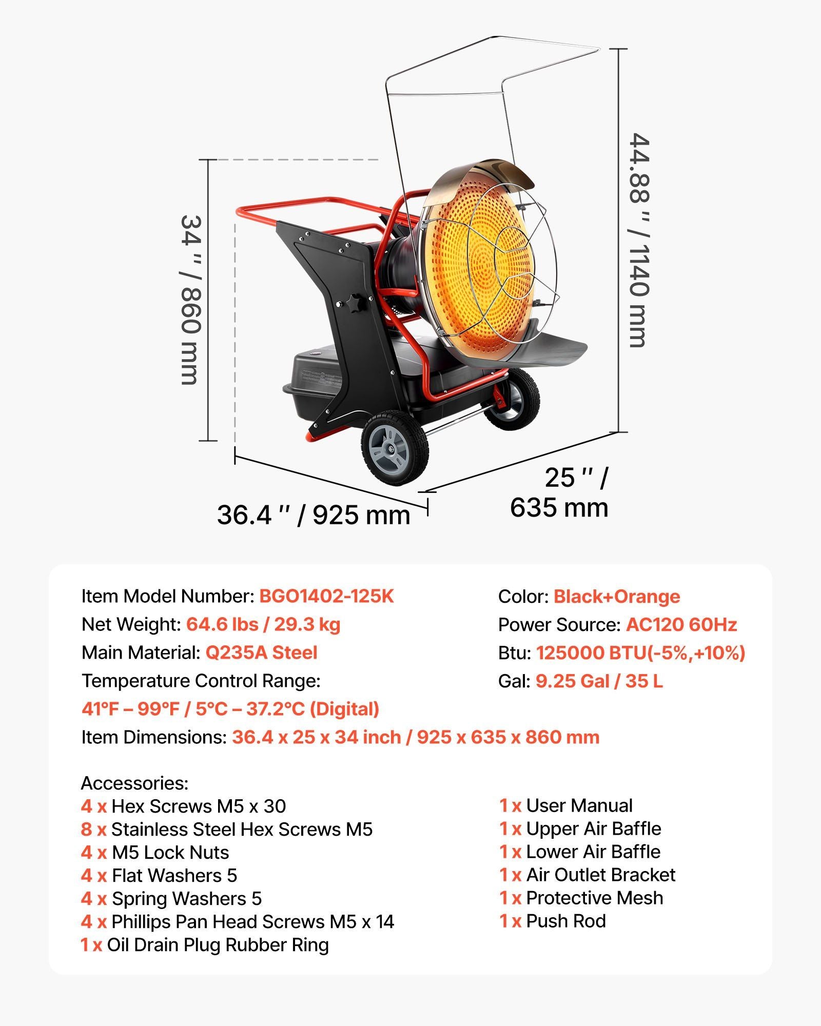 125,000 BTU Radiant Kerosene/Diesel Heater, Portable Industrial Space Heater with Adjustable Temperature & Wheels, DOBA-RH125-specifications-image