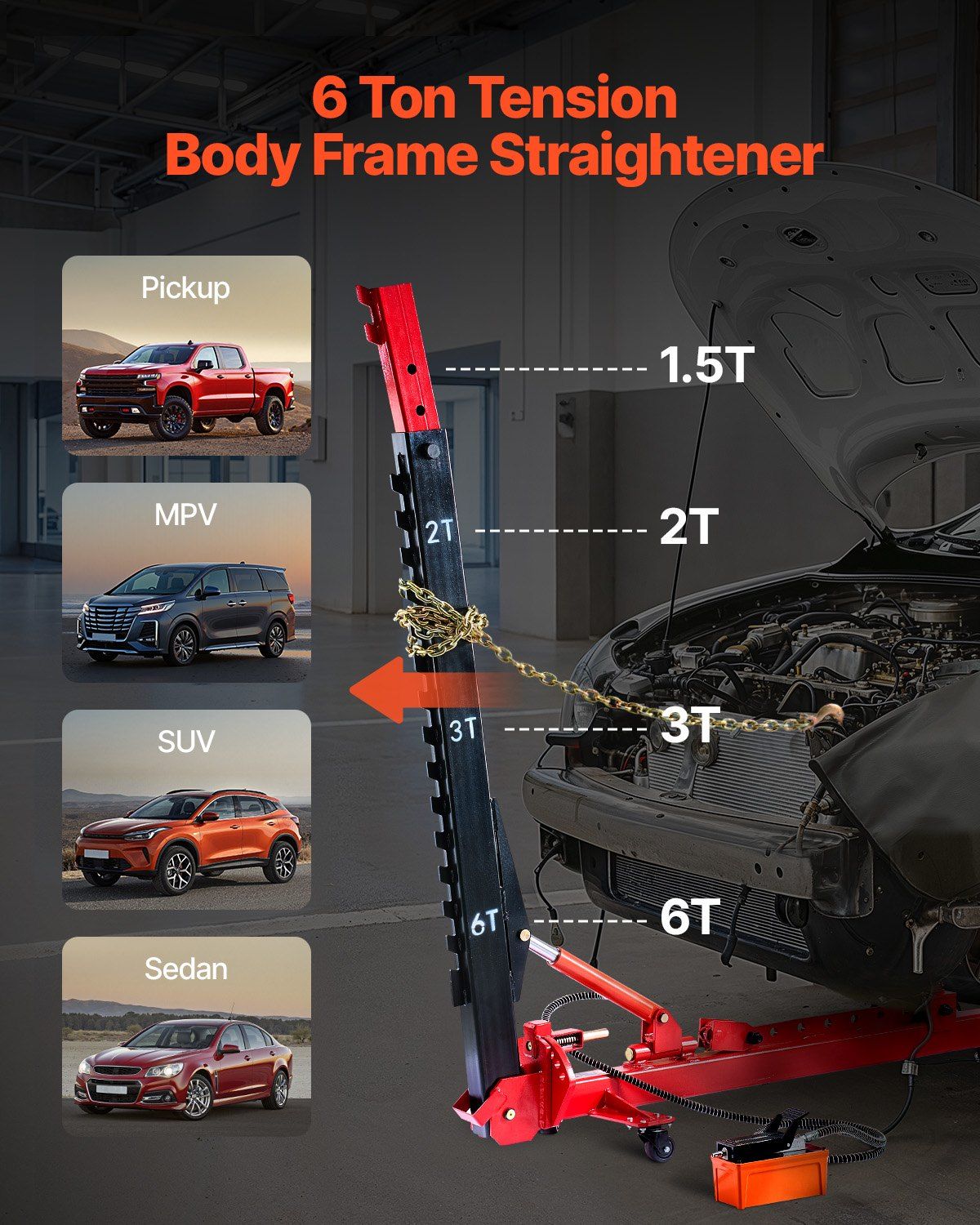 6T Auto Body Frame Puller Straightener, 3T Airbag Jack with 6000 PSI Hydraulic Foot Pump, Includes 16 Straightening Tools for Car/SUV/Pickup Repair, DOBA-FP6T-description-image