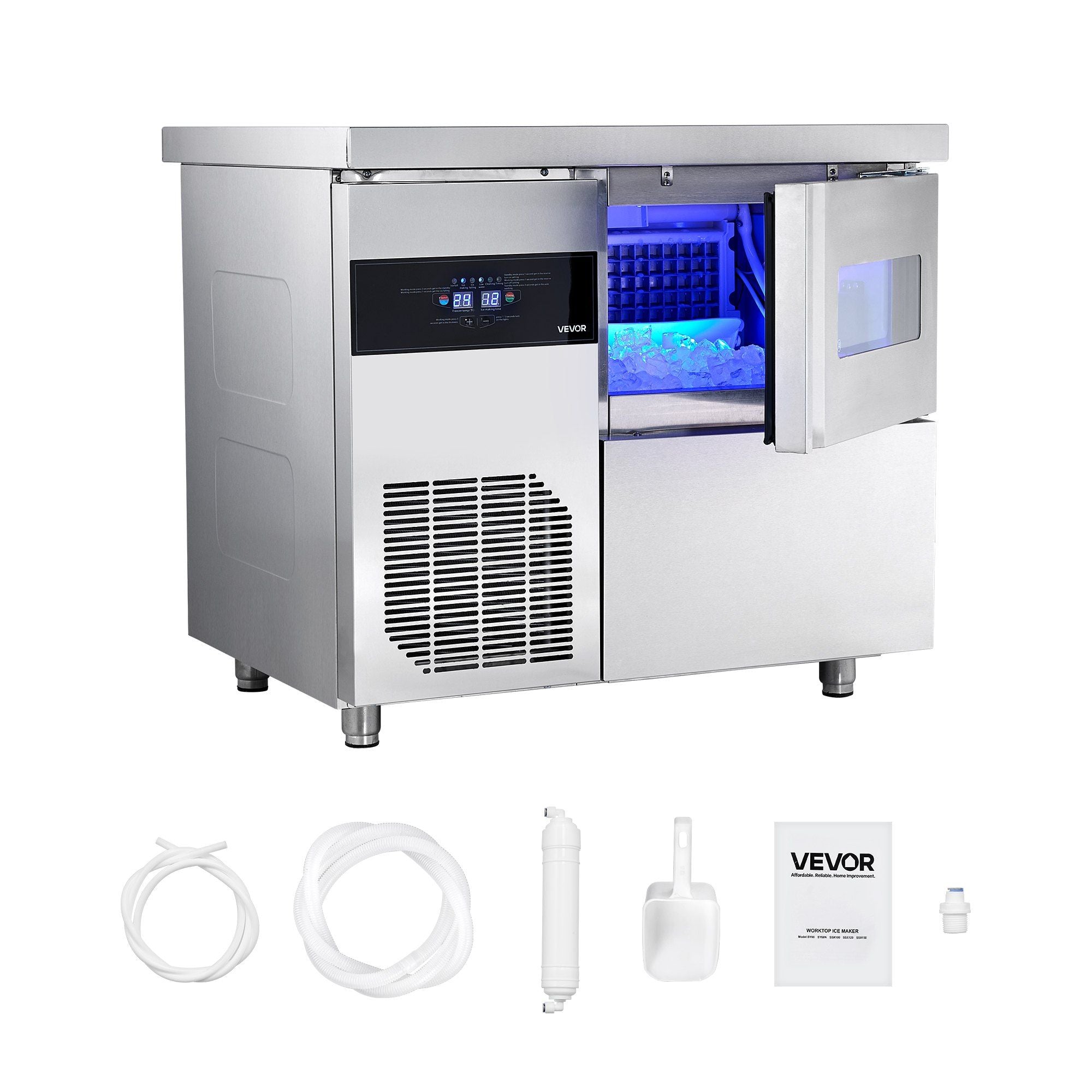 132 lbs/24H Commercial Ice Maker, Stainless Steel with Worktop, 30 lbs Storage & 70 Cubes per Cycle, Self-Cleaning Freestanding Design, DOBA-IM132-shipping-info-image