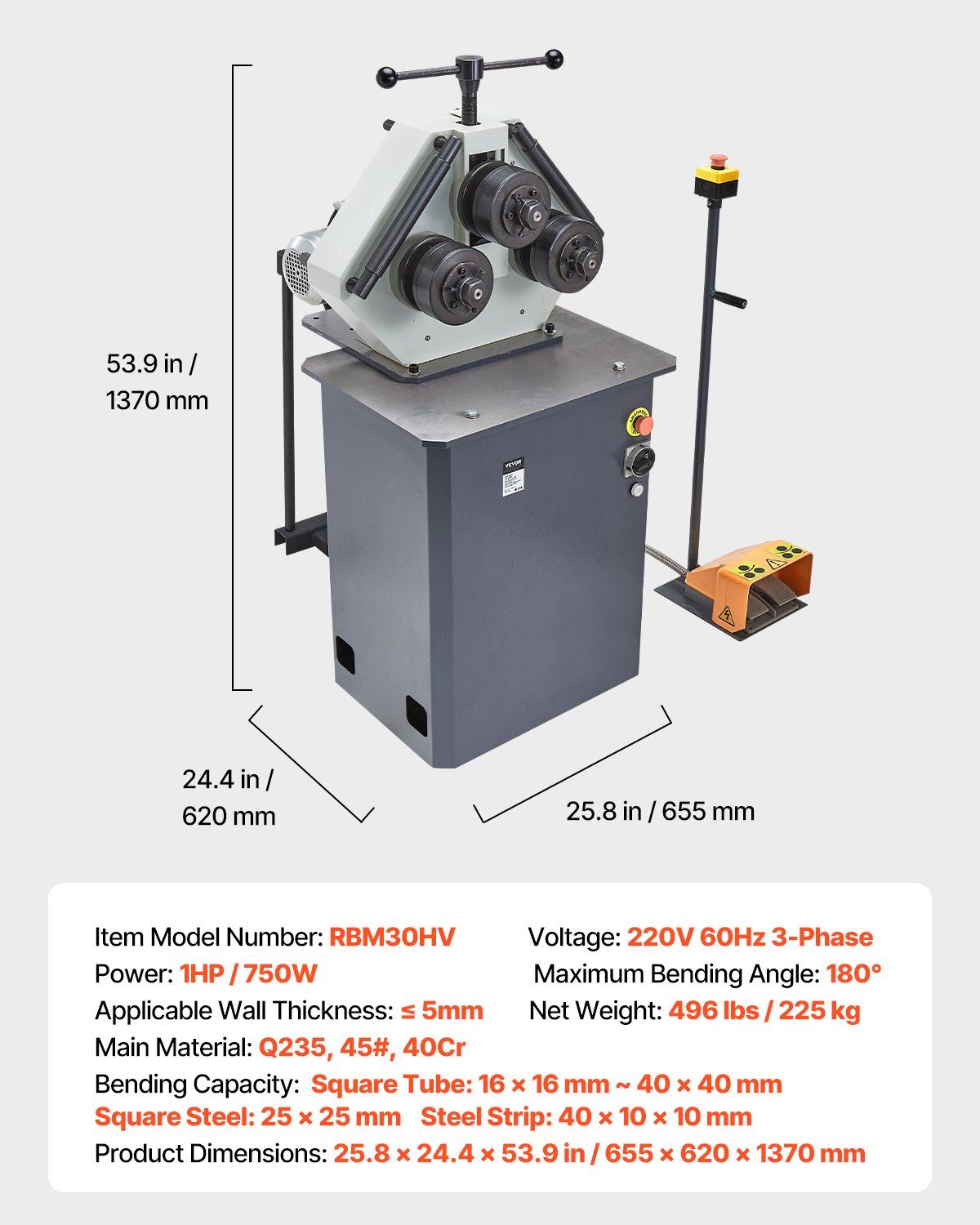 750W Electric Roll Bending Machine, 3-Roller Pipe Bender with 180° Max Bending Angle, Reversible Foot Switch, 220V 3-Phase, DOBA-RB750-specifications-image