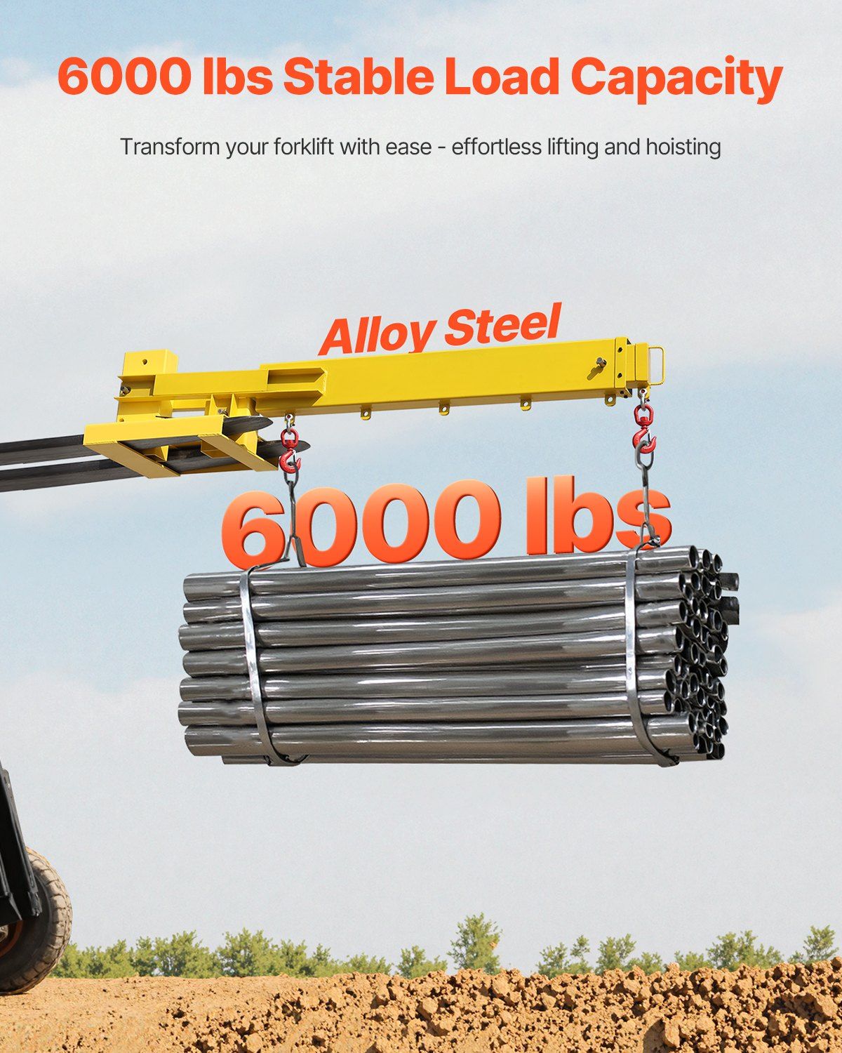 6000 lbs Adjustable Forklift Jib Boom Crane, Mobile Forklift Crane with 2 Hooks, Heavy-Duty Lifting Attachment, DOBA-FJ6000-description-image