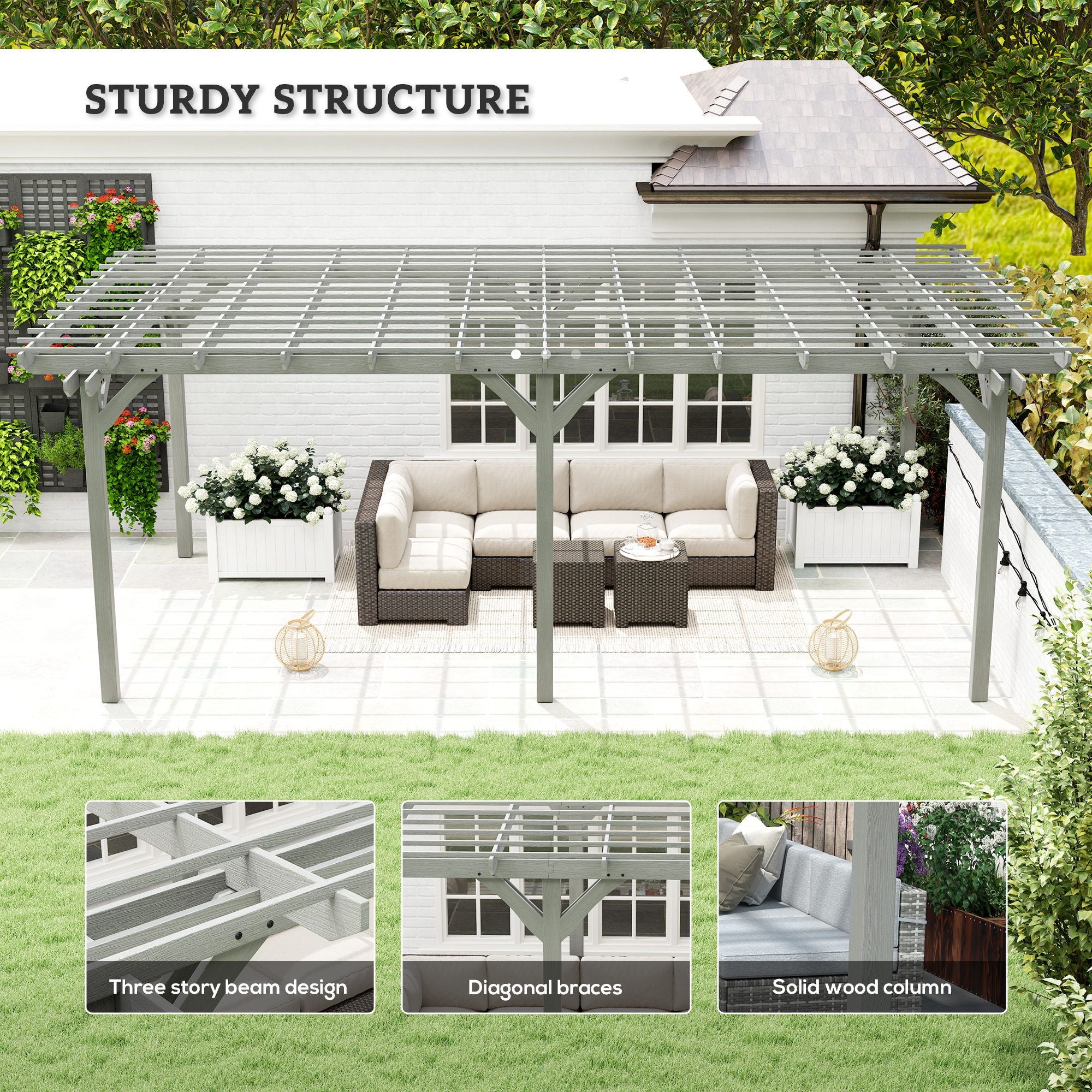 12' x 20' Wooden Pergola Gazebo with Grape Trellis for Climbing Plants, Gray, Outsunny, DOBA-PG1220-description-image