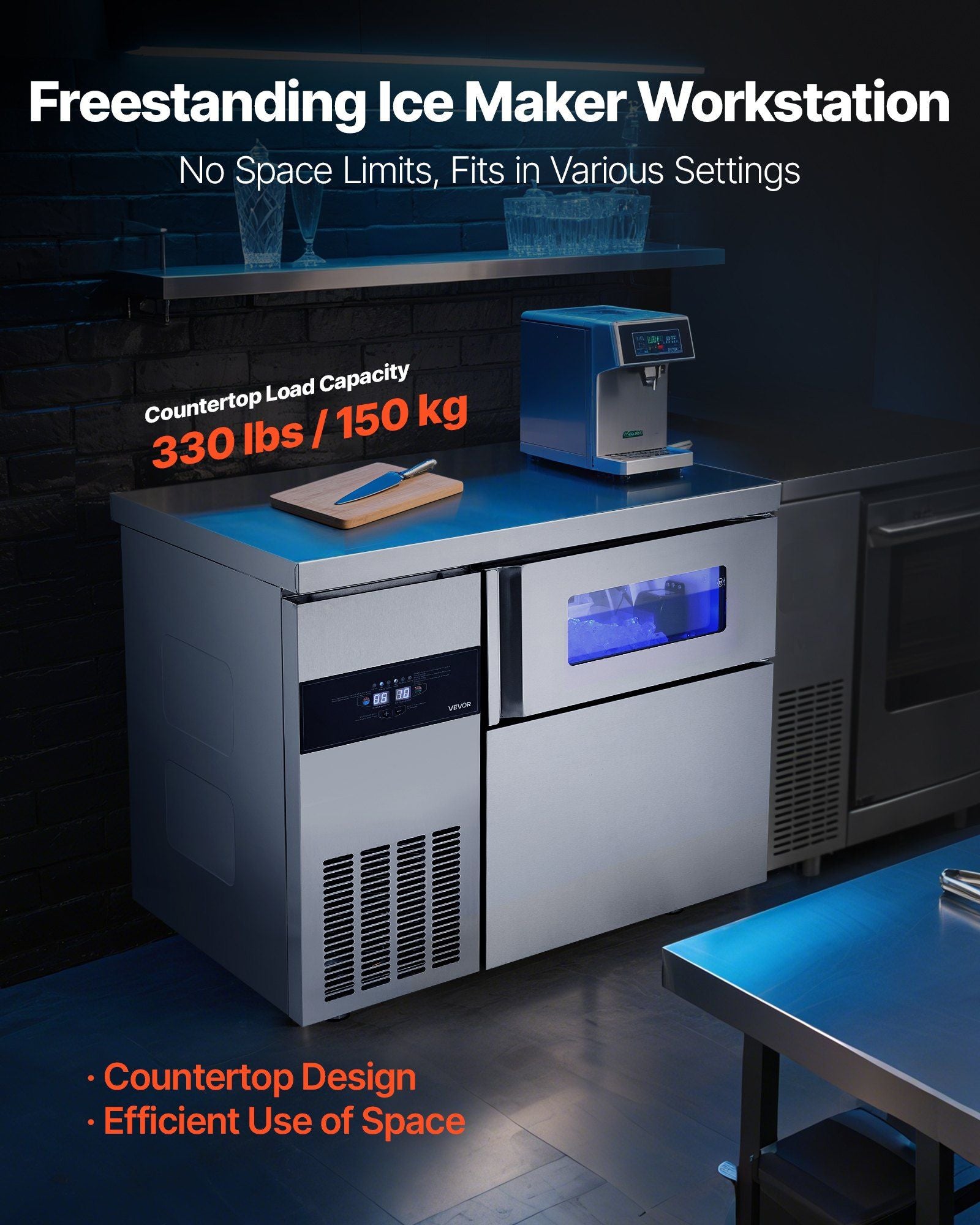 265 lbs/24H Commercial Ice Maker, Stainless Steel with Worktop, 66 lbs Storage & 126 Cubes per Cycle, Self-Cleaning Freestanding Design, DOBA-IM265-description-image