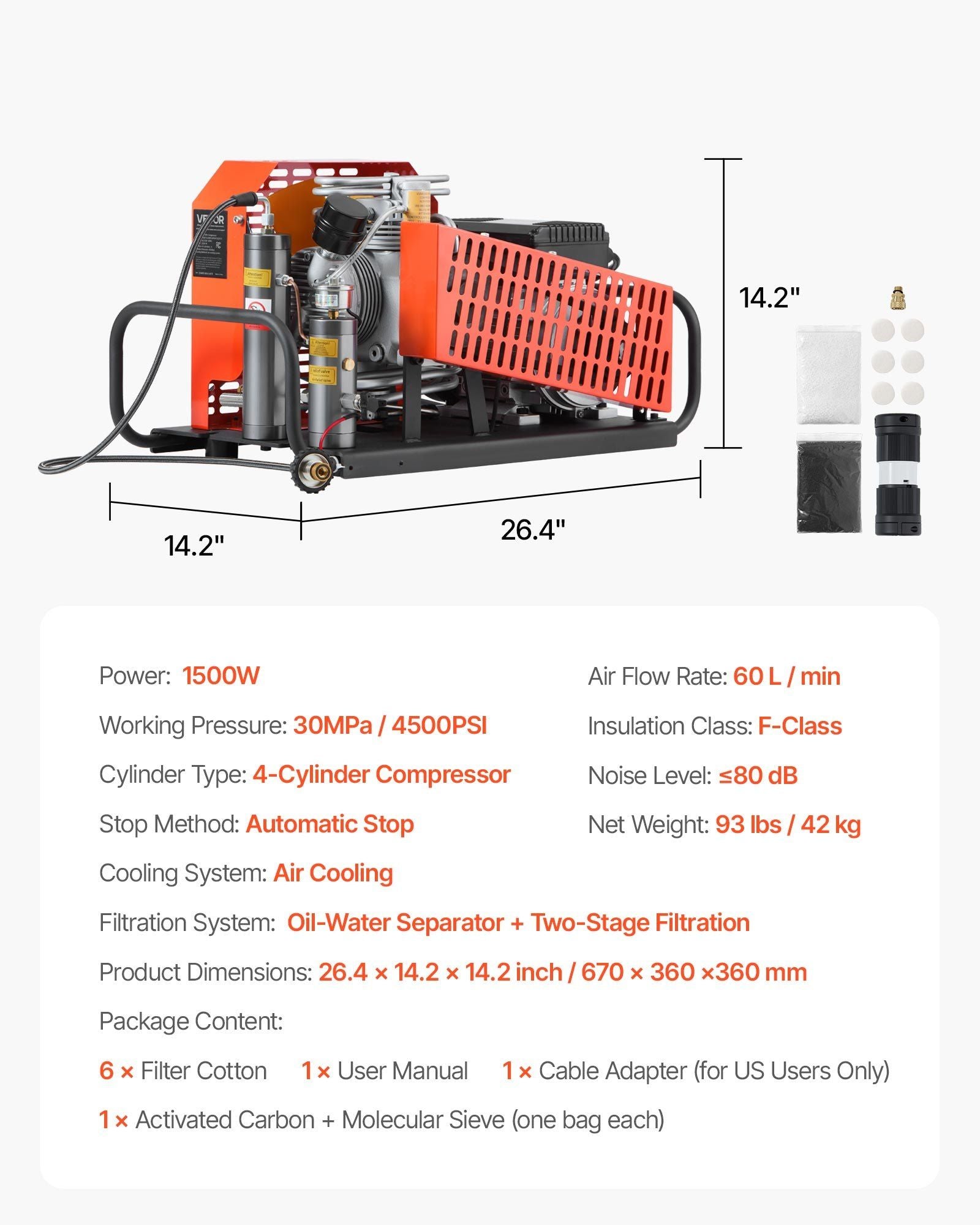 4500 PSI (30 MPa) PCP Air Compressor, 60 L/min Four-Cylinder, Auto Stop with Fan Cooling System, for Scuba Tanks & Paintball, DOBA-PCP4500-specifications-image