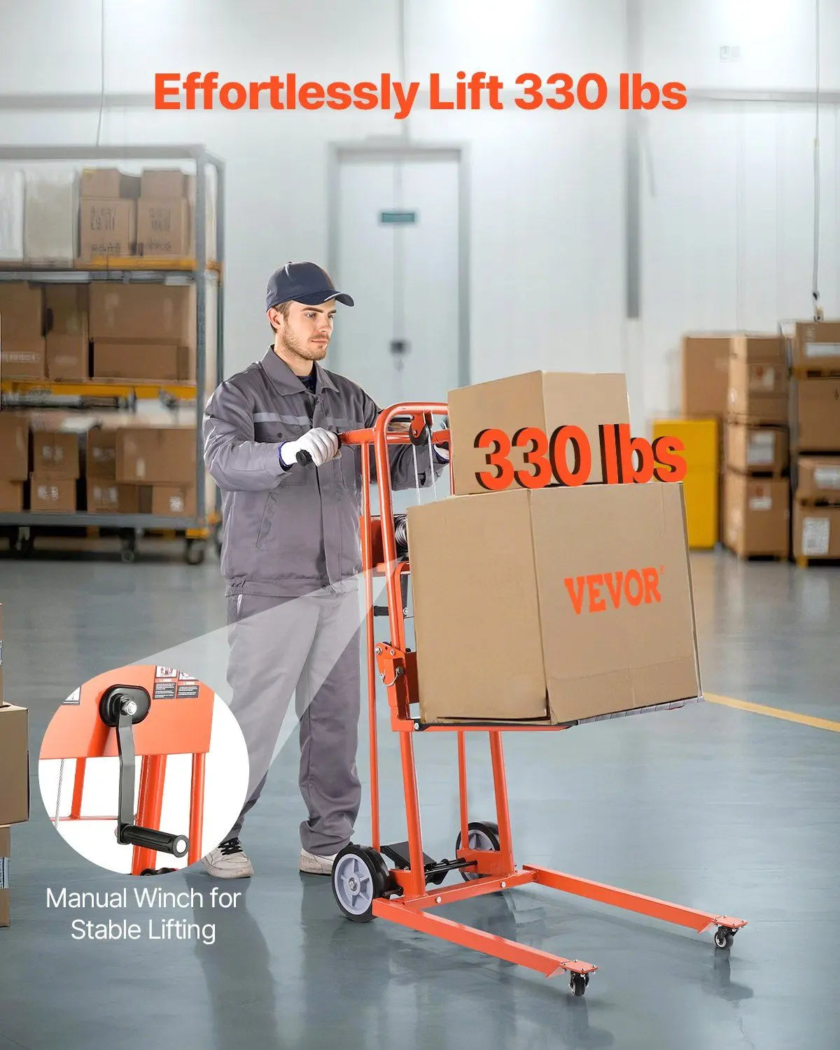 330 lbs Material Lift Winch Stacker, Pallet Truck Dolly, 42.9 in Max Lift, DOBA-LWS330-description-image