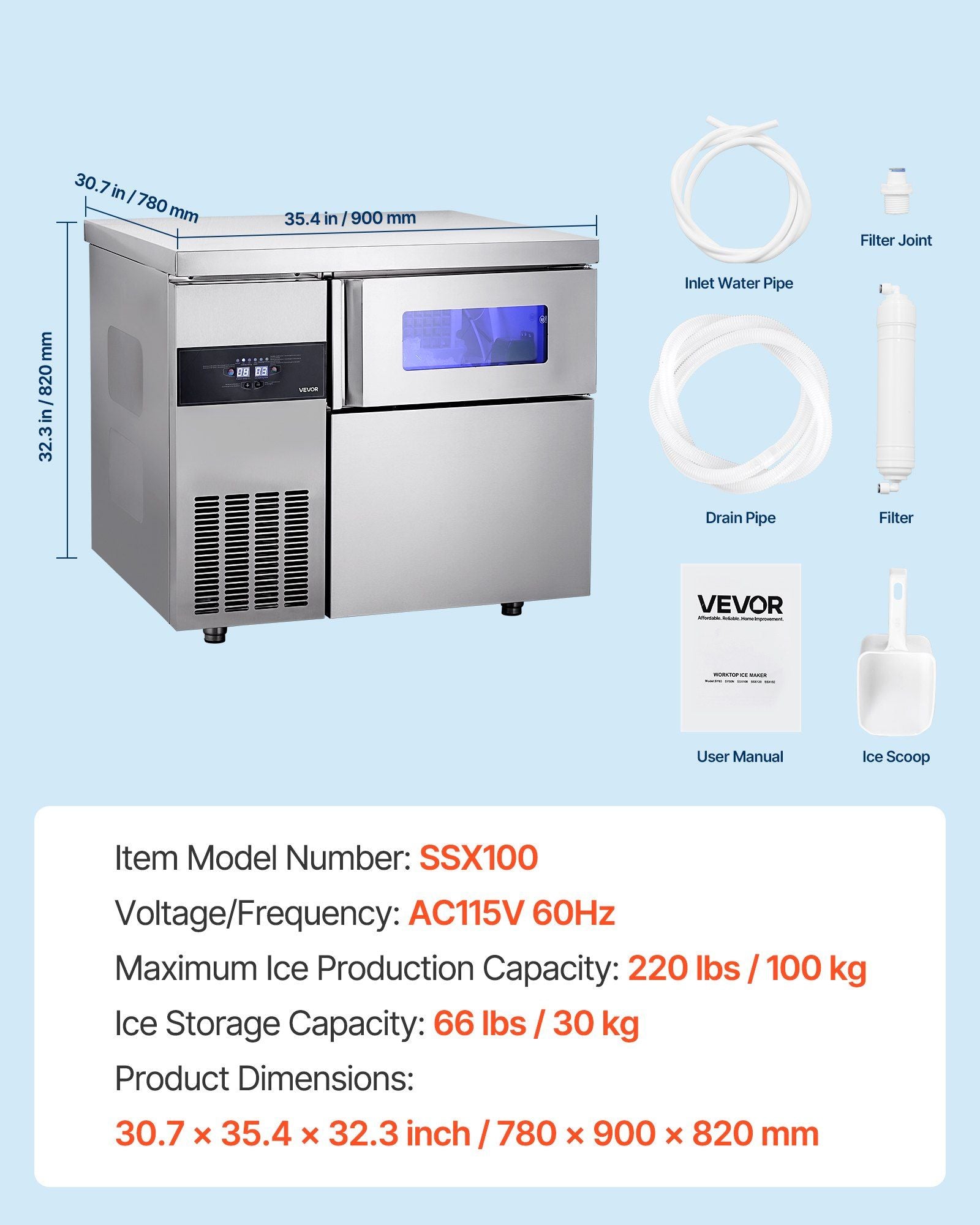 220 lbs/24H Commercial Ice Maker, Stainless Steel with Worktop, 66 lbs Storage & 108 Cubes per Cycle, Self-Cleaning Freestanding Design, DOBA-IM220-specifications-image