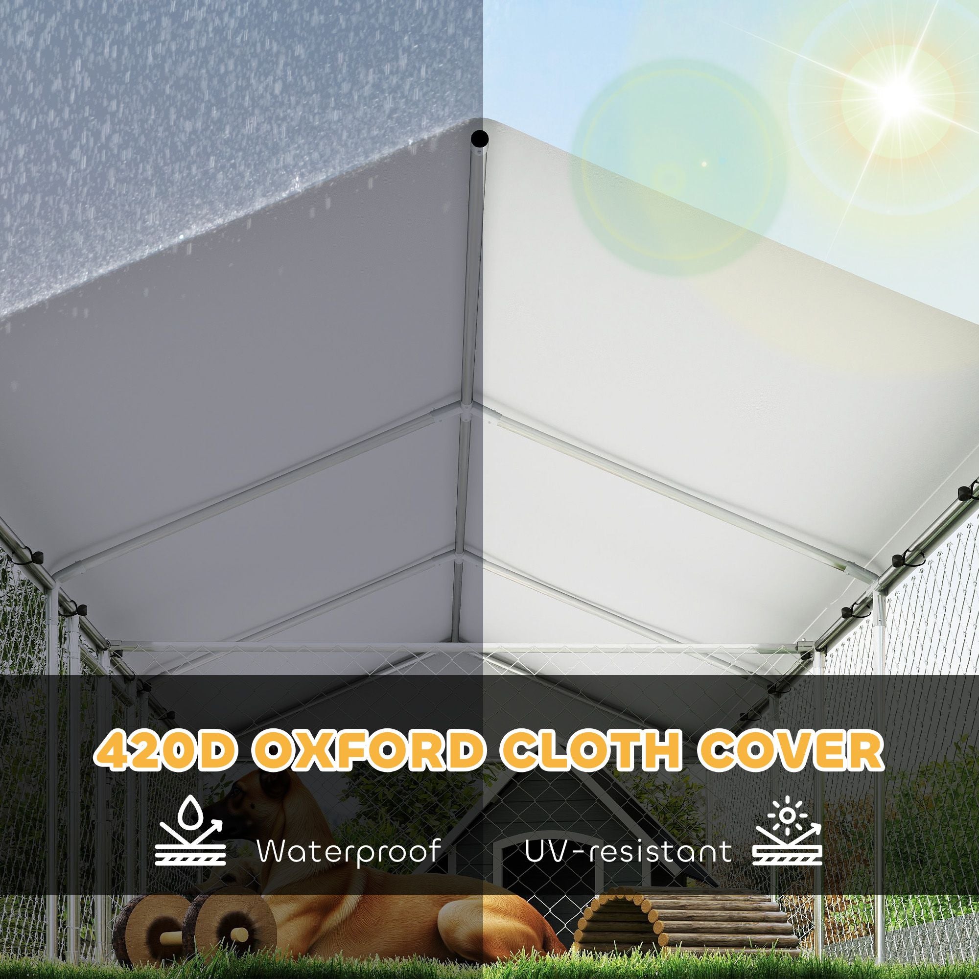 19.7' x 7.5' Two-Room Outdoor Dog Kennel with Roof & Secure Lock, PawHut, DOBA-DK20TR-description-image