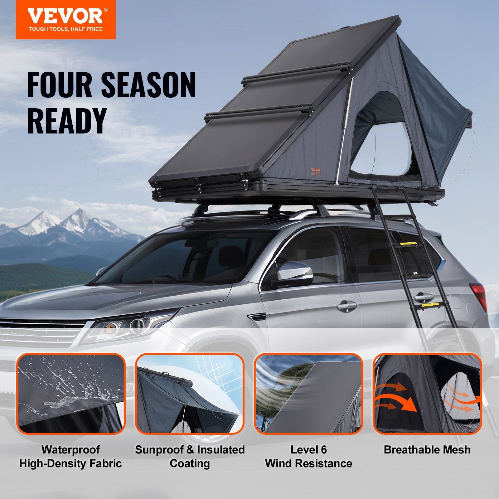 Naturnest Hard Shell Rooftop Tent 2–3 Person with Ladder & Thick Mattress, Waterproof for SUV & Truck, VEVOR, DOBA-RTT23NN-description-image