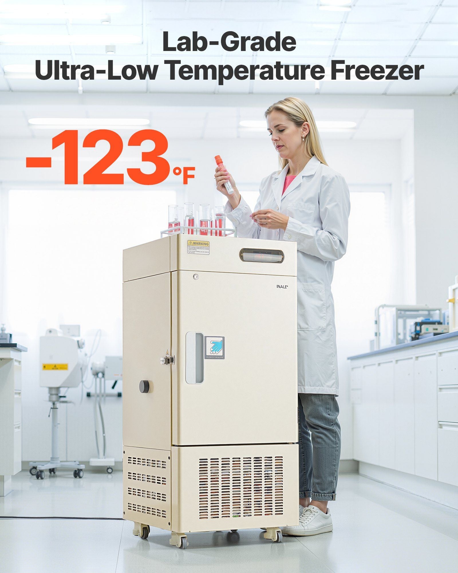 28L Ultra Low Temperature Lab Freezer, −40°F to −123°F Adjustable Temperature Range, Compact Stainless Steel Design, DOBA-LF28-description-image