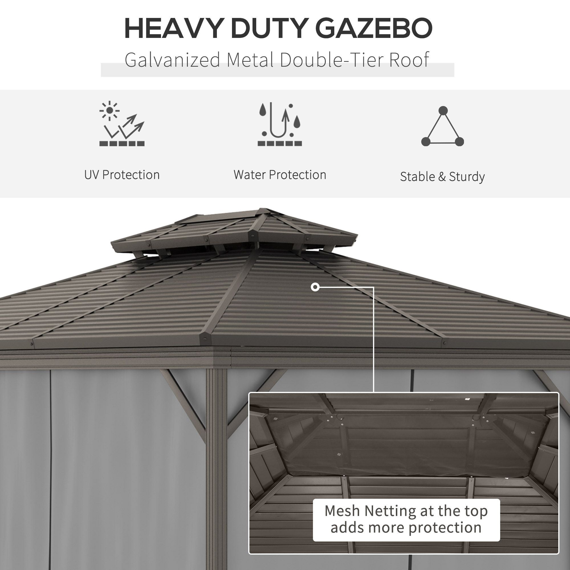 10' x 12' Hardtop Metal Gazebo with Curtains & Netting, Aluminum Frame, Outsunny, DOBA-GZ1012G-description-image