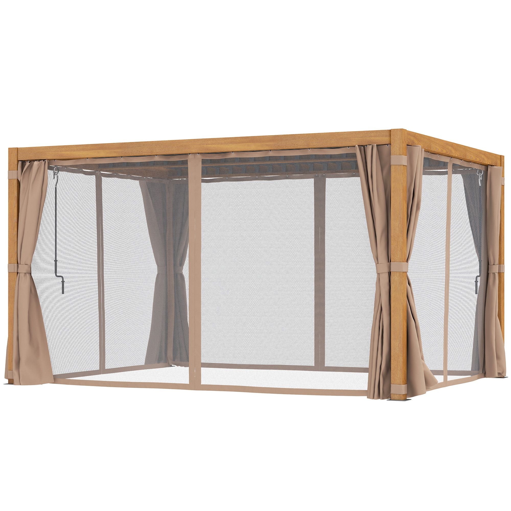 10' x 13' Adjustable Louvered Aluminum Pergola with Canopy, Curtains & Netting, Natural Wood, Outsunny, DOBA-PG1013B-shipping-info-image