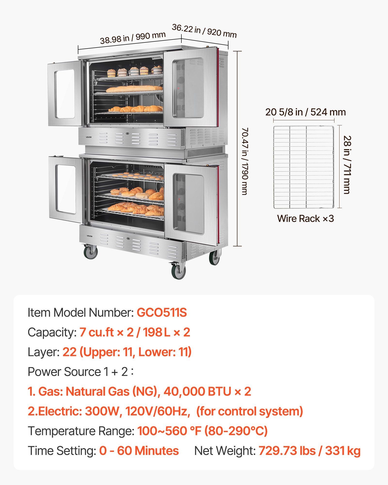 Double Deck Gas Convection Oven, 14 cu.ft Full-Size Capacity, 40,000 BTU x2 Burners, Dual Fan Modes for Bakery & Restaurant Use, DOBA-GO14-specifications-image