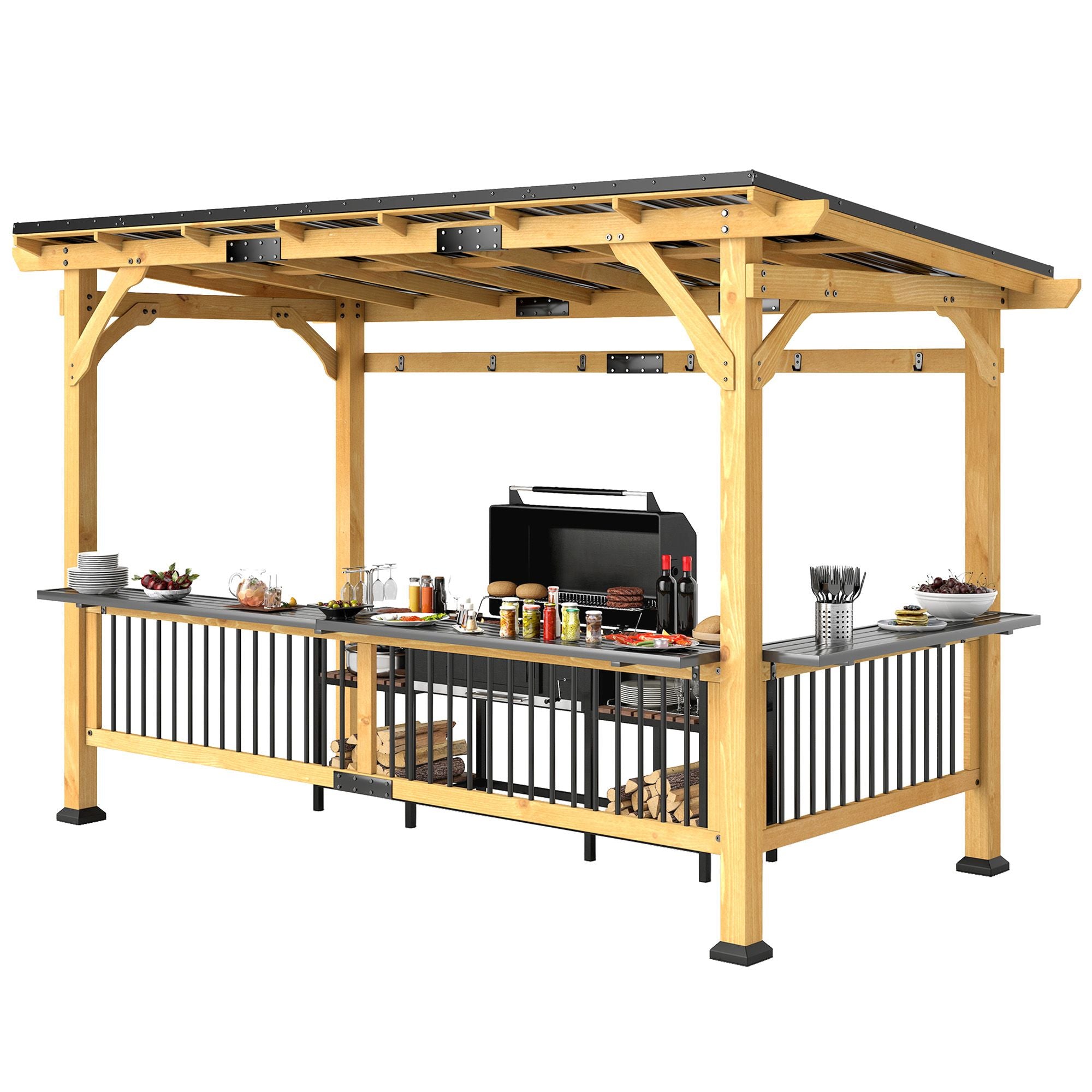 13' x 6' Wooden BBQ Grill Gazebo with Metal Hardtop Roof, Bar Shelves & Hooks, Natural, DOBA-GZ136-shipping-info-image