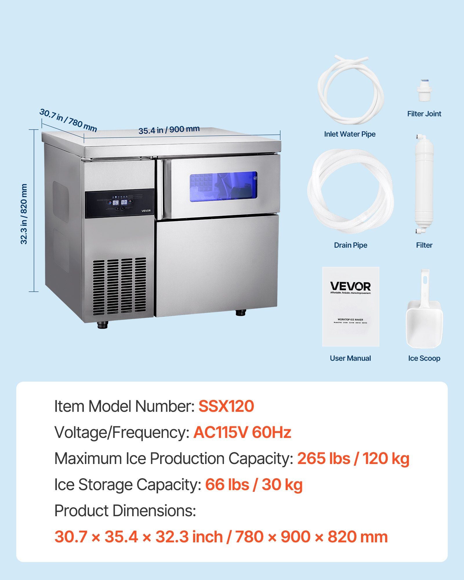 265 lbs/24H Commercial Ice Maker, Stainless Steel with Worktop, 66 lbs Storage & 126 Cubes per Cycle, Self-Cleaning Freestanding Design, DOBA-IM265-specifications-image