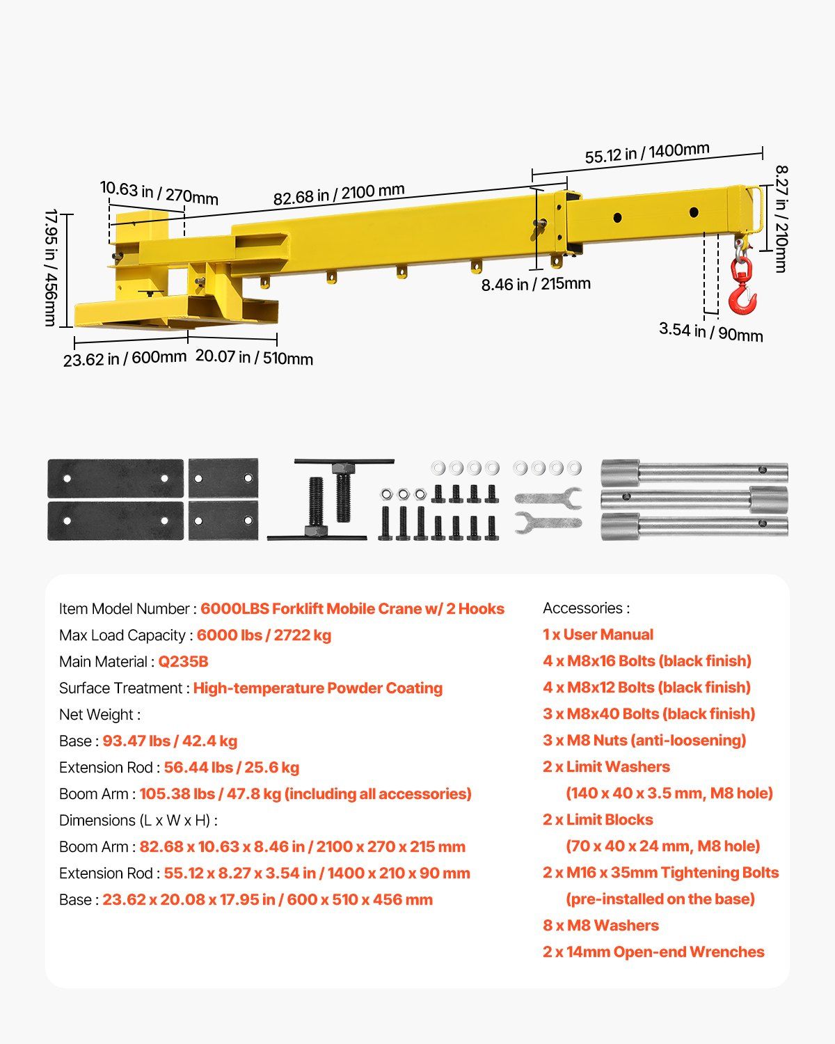 6000 lbs Adjustable Forklift Jib Boom Crane, Mobile Forklift Crane with 2 Hooks, Heavy-Duty Lifting Attachment, DOBA-FJ6000-specifications-image
