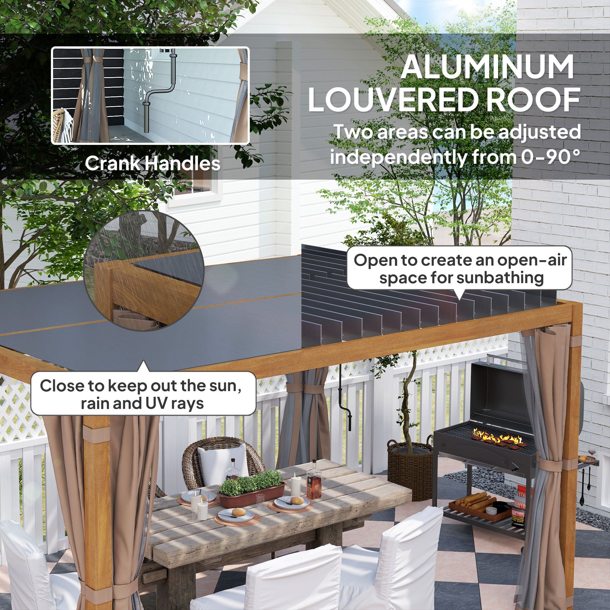 10' x 13' Adjustable Louvered Aluminum Pergola with Canopy, Curtains & Netting, Natural Wood, Outsunny, DOBA-PG1013B-description-image