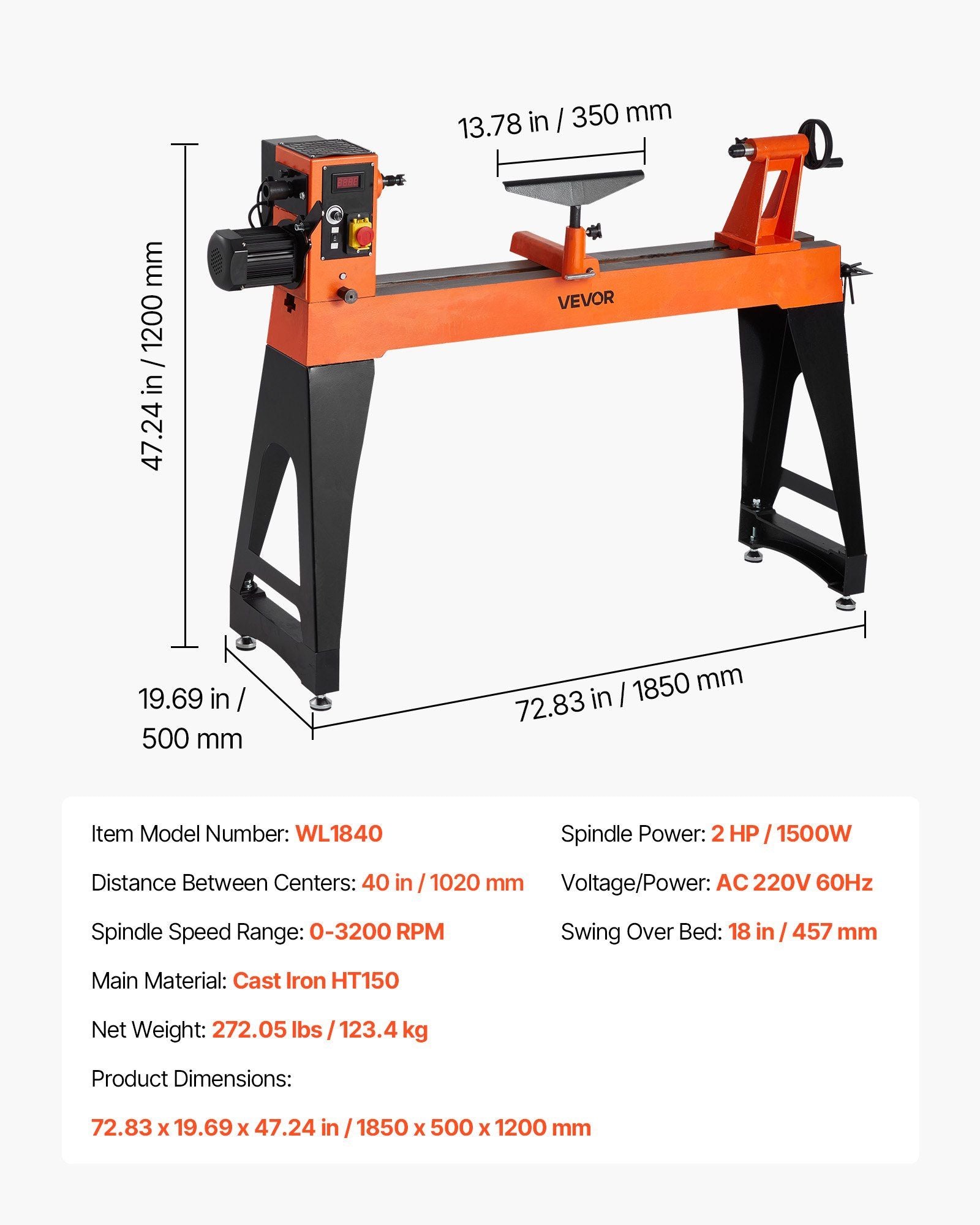 2 HP Woodworking Lathe with Variable Speed 0–3200 RPM, 18