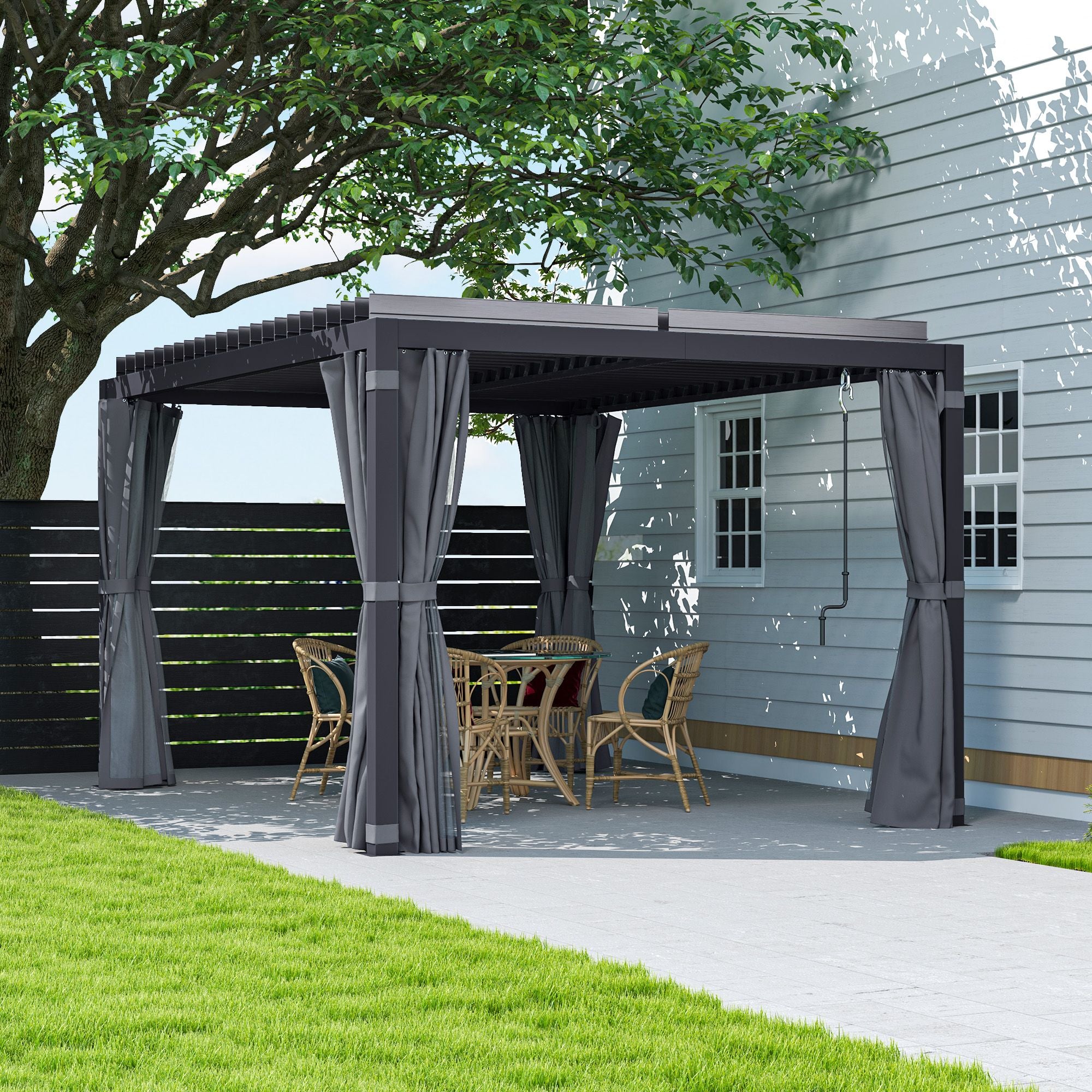 10' x 13' Adjustable Louvered Aluminum Pergola with Canopy, Curtains & Netting, Outsunny, DOBA-PG1013-description-image