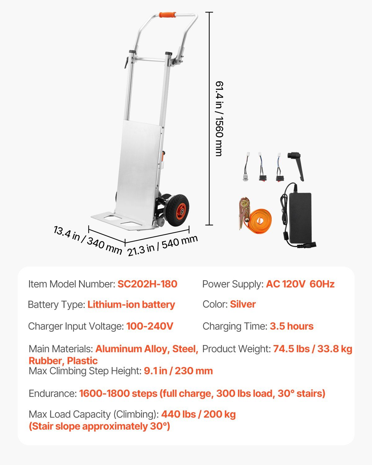 Electric Stair Climbing Dolly 440 lb Capacity with Rechargeable Battery, VEVOR, DOBA-ED440-specifications-image