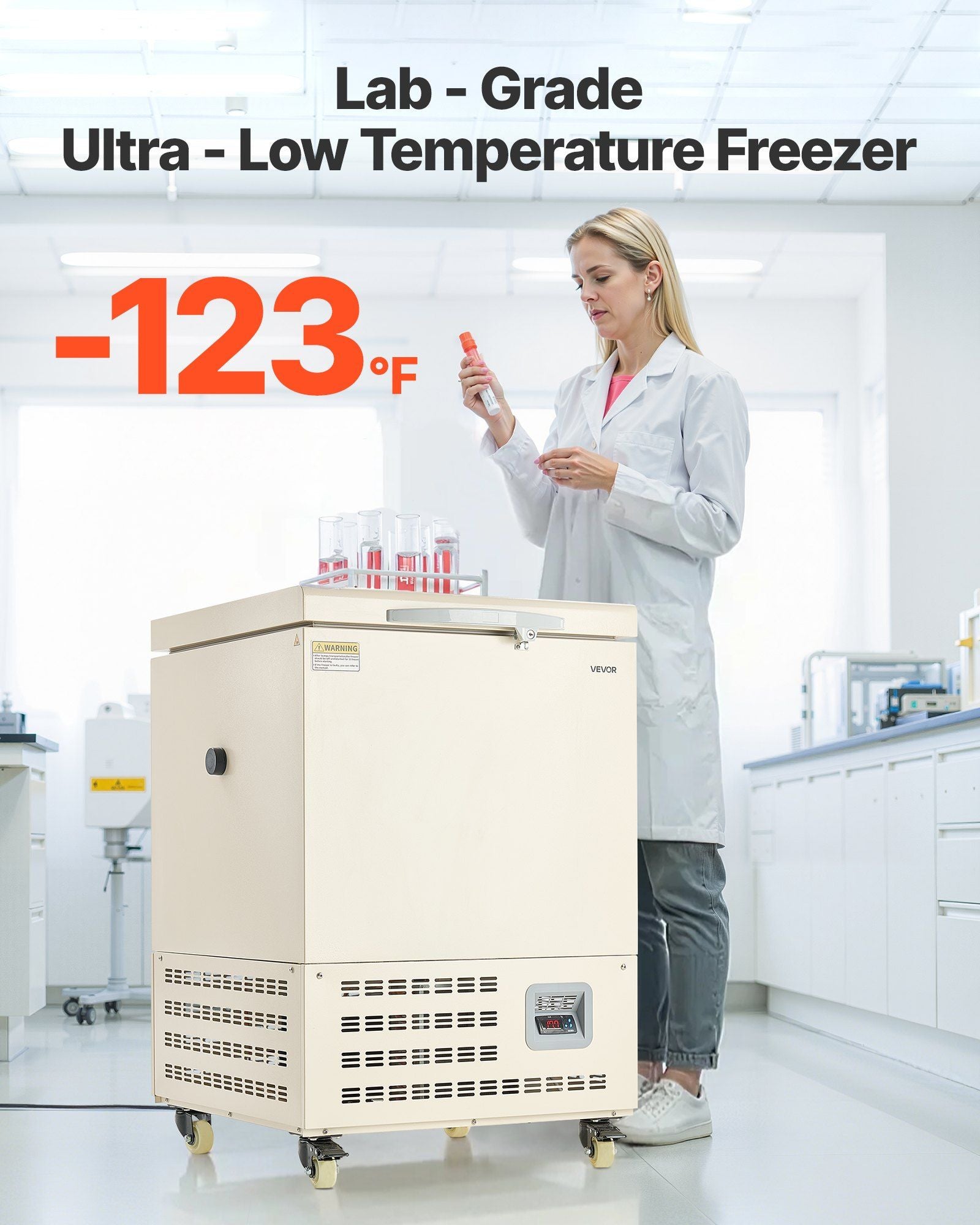 58L Ultra Low Temperature Freezer, −40°F to −123°F Adjustable Range, 304 Stainless Steel Liner, Digital Display with Rollers, DOBA-LF58-description-image