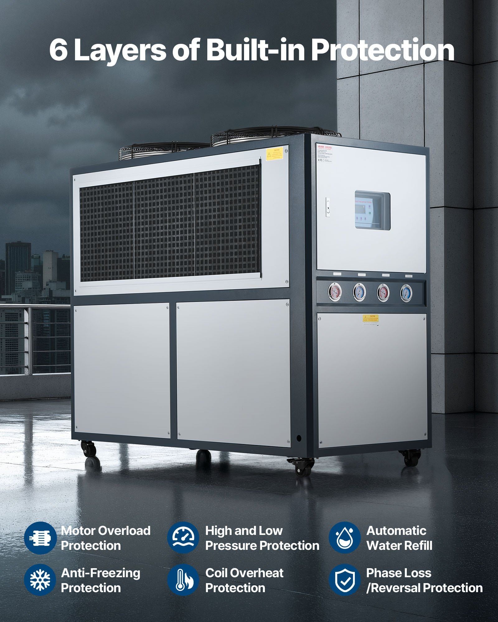 Air-Cooled Industrial Water Chiller 16.67 HP Dual Compressor 45,360 Kcal/h, 53 Gal Tank, VEVOR, DOBA-WC1667-description-image