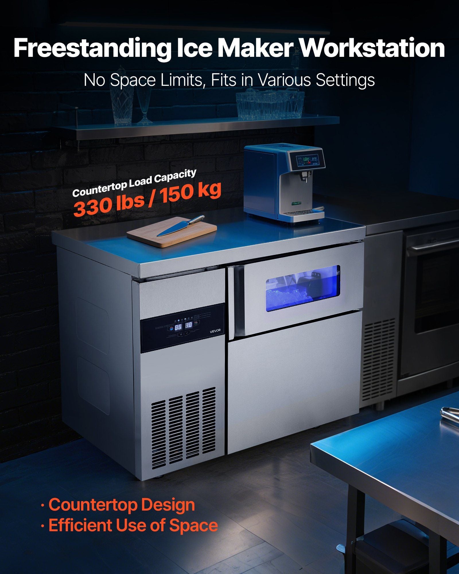 220 lbs/24H Commercial Ice Maker, Stainless Steel with Worktop, 66 lbs Storage & 108 Cubes per Cycle, Self-Cleaning Freestanding Design, DOBA-IM220-description-image
