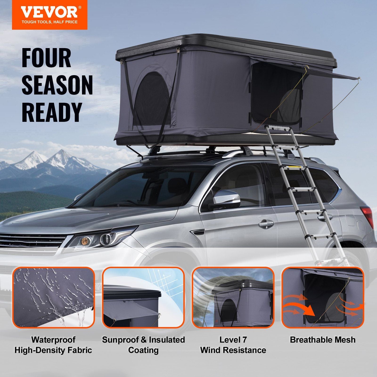 Hard Shell Rooftop Tent 2–3 Person with Ladder, ABS Shell Waterproof Camping Tent for SUV & Truck, VEVOR, DOBA-RTT23ABS-description-image