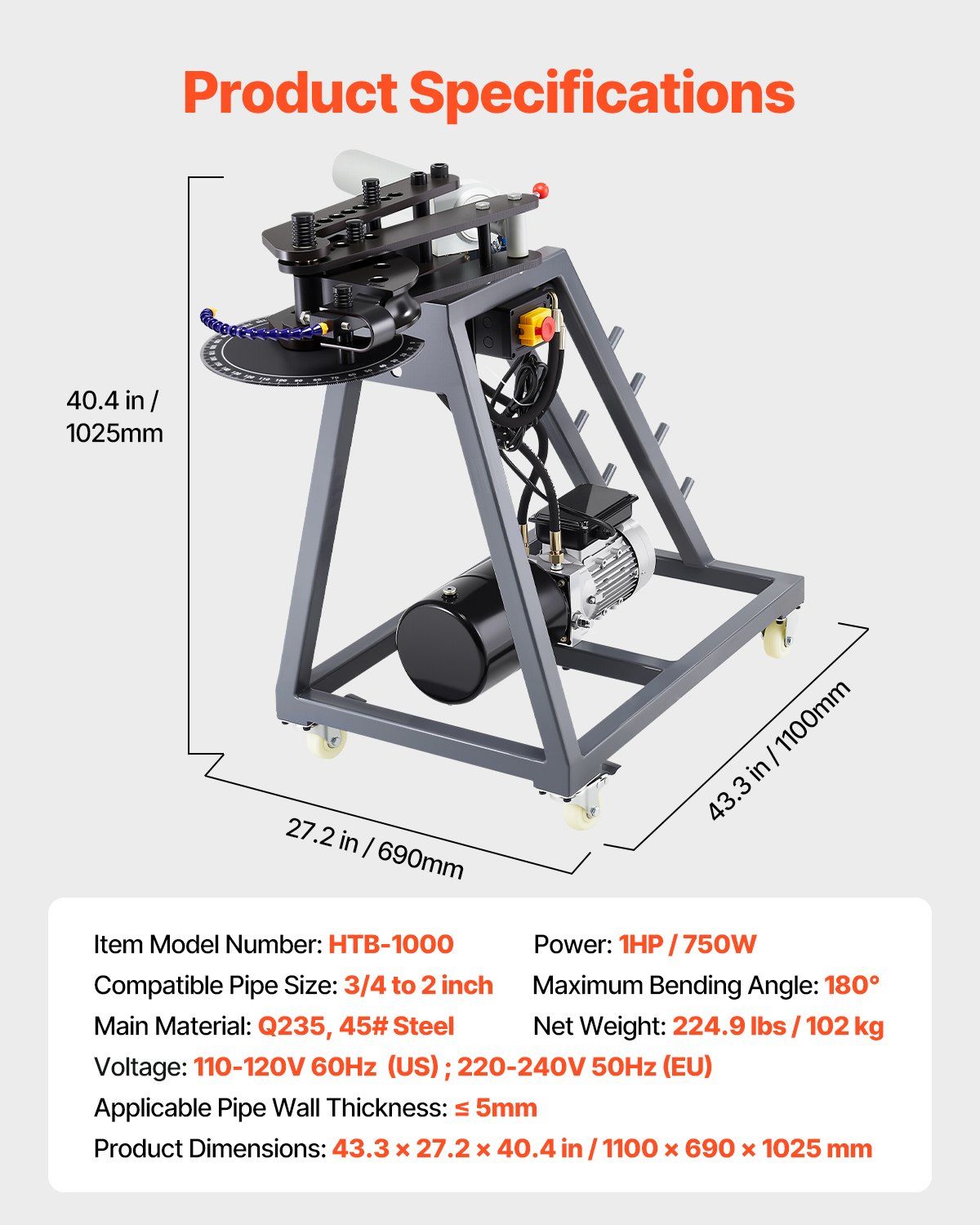 750W Electric Tube Bending Machine, Hydraulic Pipe Bender with 6L Cylinder, Heavy-Duty Tubing Forming Tool, DOBA-TB750-specifications-image