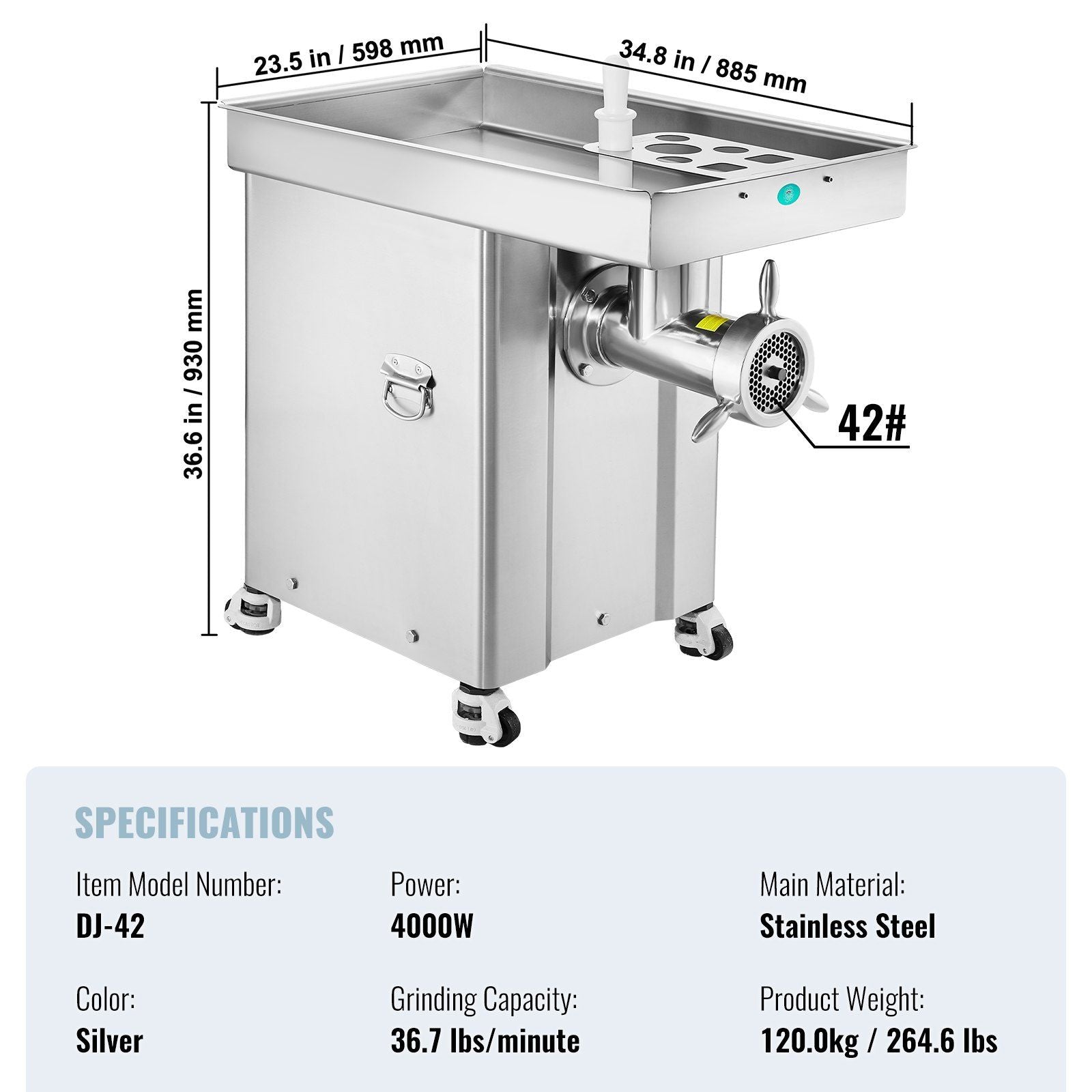 Commercial Electric Meat Grinder, 36.7 lbs/min Grinding Capacity, Industrial Cabinet Design, Heavy-Duty Construction, DOBA-MG36-specifications-image
