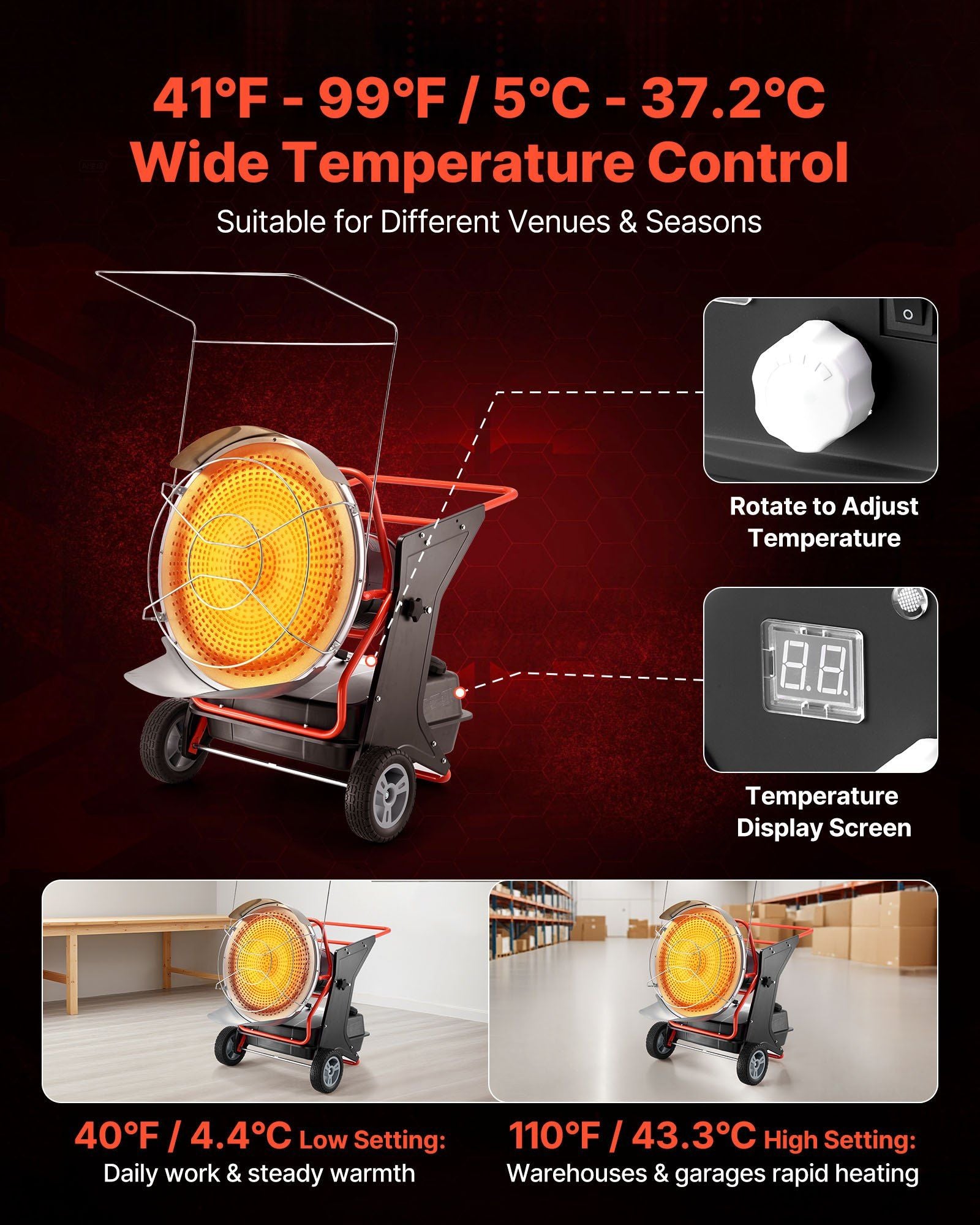 125,000 BTU Radiant Kerosene/Diesel Heater, Portable Industrial Space Heater with Adjustable Temperature & Wheels, DOBA-RH125-description-image