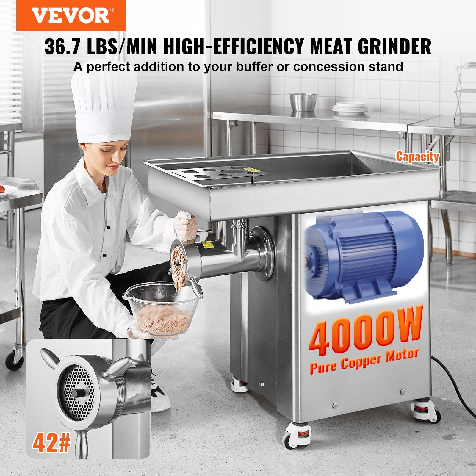 Commercial Electric Meat Grinder, 36.7 lbs/min Grinding Capacity, Industrial Cabinet Design, Heavy-Duty Construction, DOBA-MG36-description-image