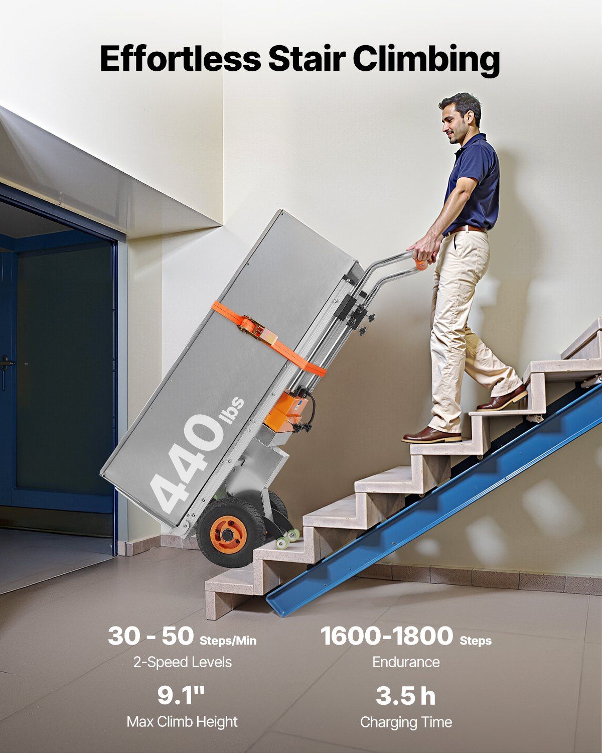 Electric Stair Climbing Dolly 440 lb Capacity with Brushless Motor & Adjustable Handle, VEVOR, DOBA-ESCD440L-description-image