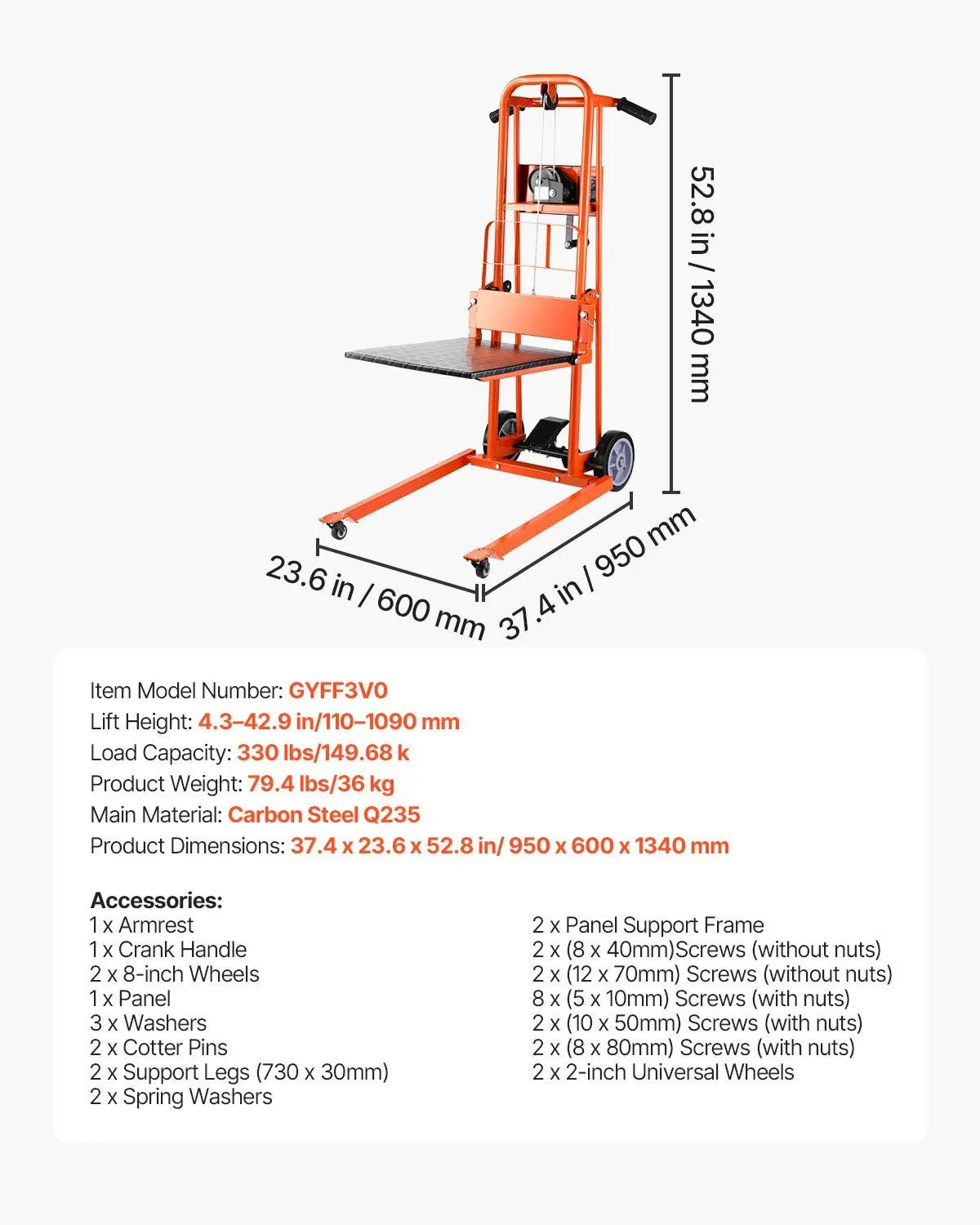 330 lbs Material Lift Winch Stacker, Pallet Truck Dolly, 42.9 in Max Lift, DOBA-LWS330-specifications-image