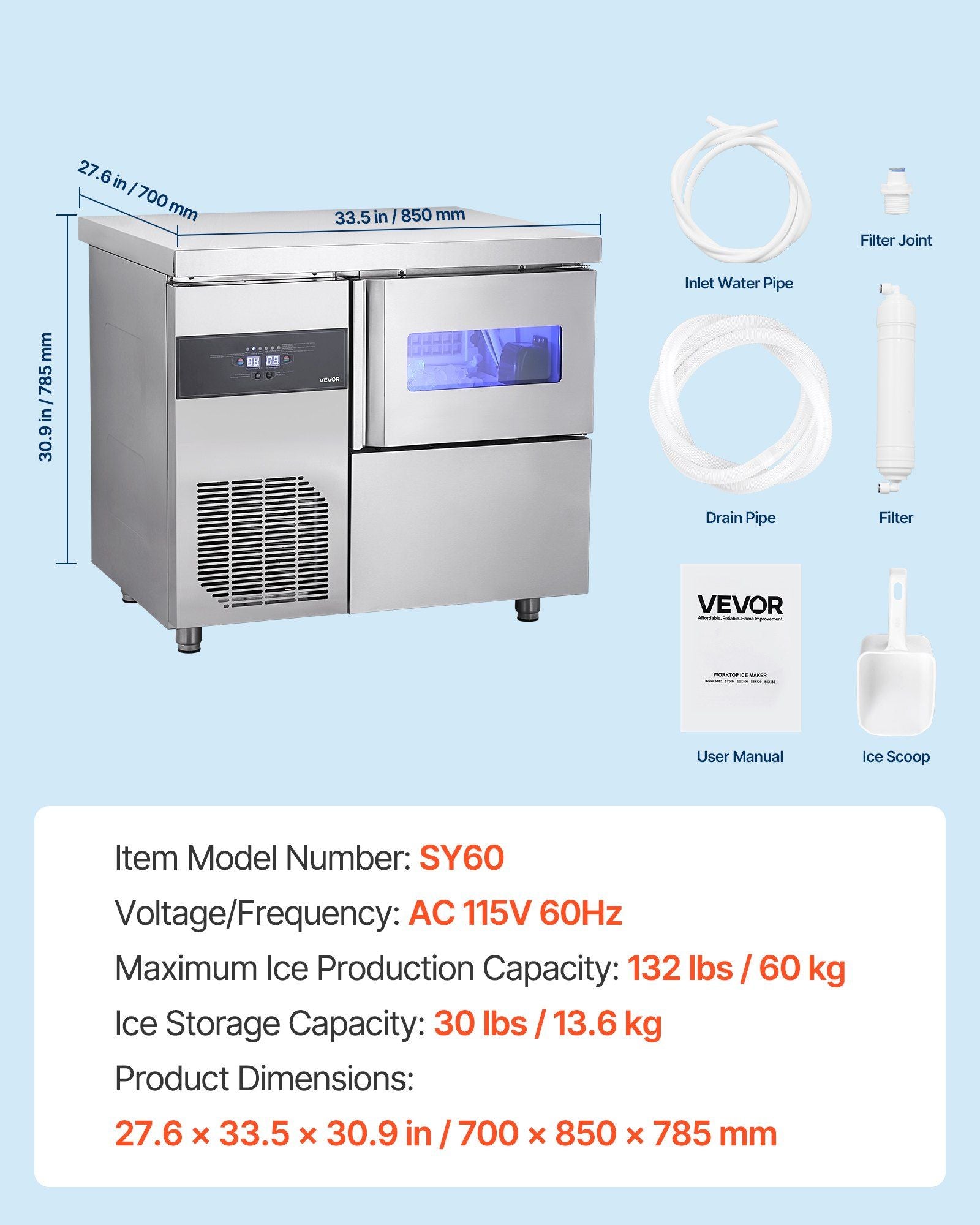 132 lbs/24H Commercial Ice Maker, Stainless Steel with Worktop, 30 lbs Storage & 70 Cubes per Cycle, Self-Cleaning Freestanding Design, DOBA-IM132-specifications-image