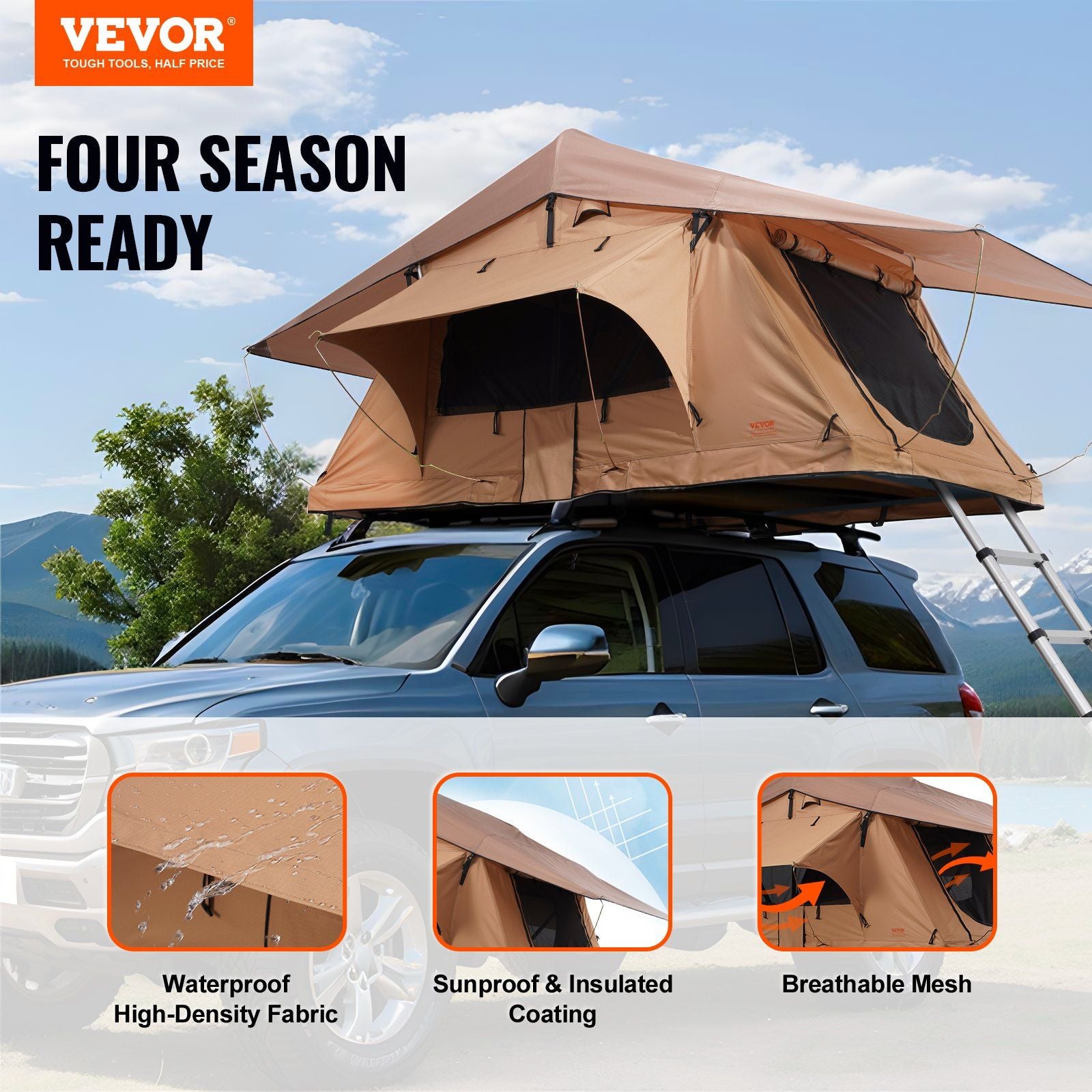Hard Shell Rooftop Tent for 2–3 Person with Ladder, Waterproof Camping Tent for SUV & Truck, VEVOR, DOBA-RTT23-description-image