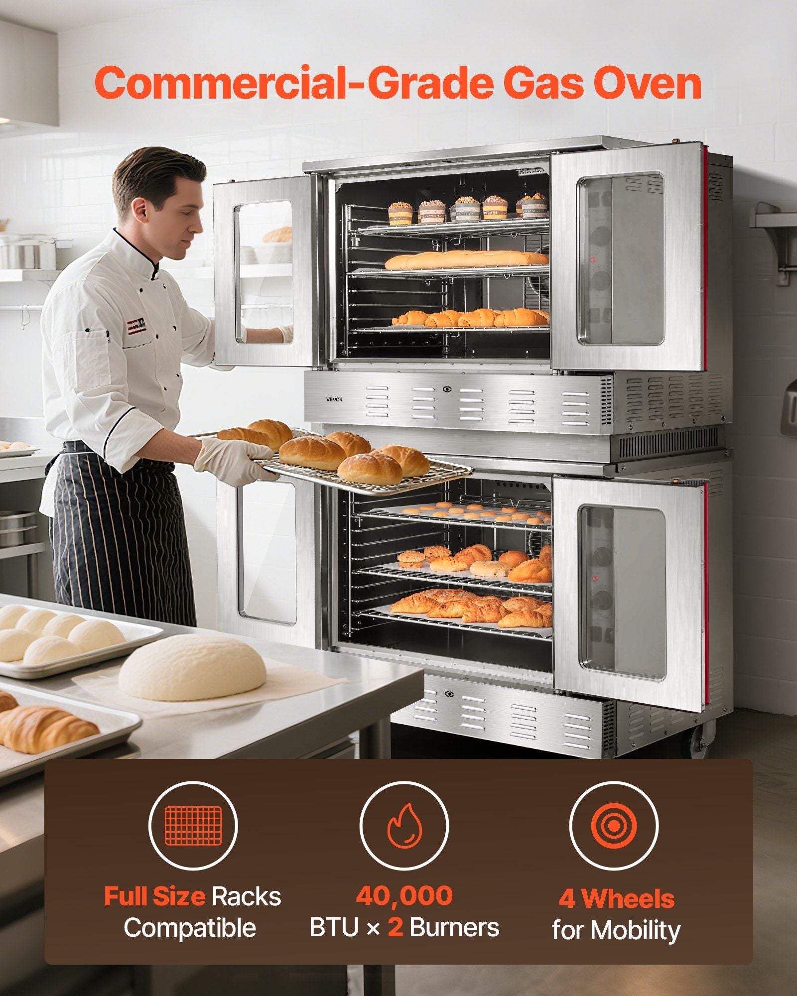 Double Deck Gas Convection Oven, 14 cu.ft Full-Size Capacity, 40,000 BTU x2 Burners, Dual Fan Modes for Bakery & Restaurant Use, DOBA-GO14-description-image