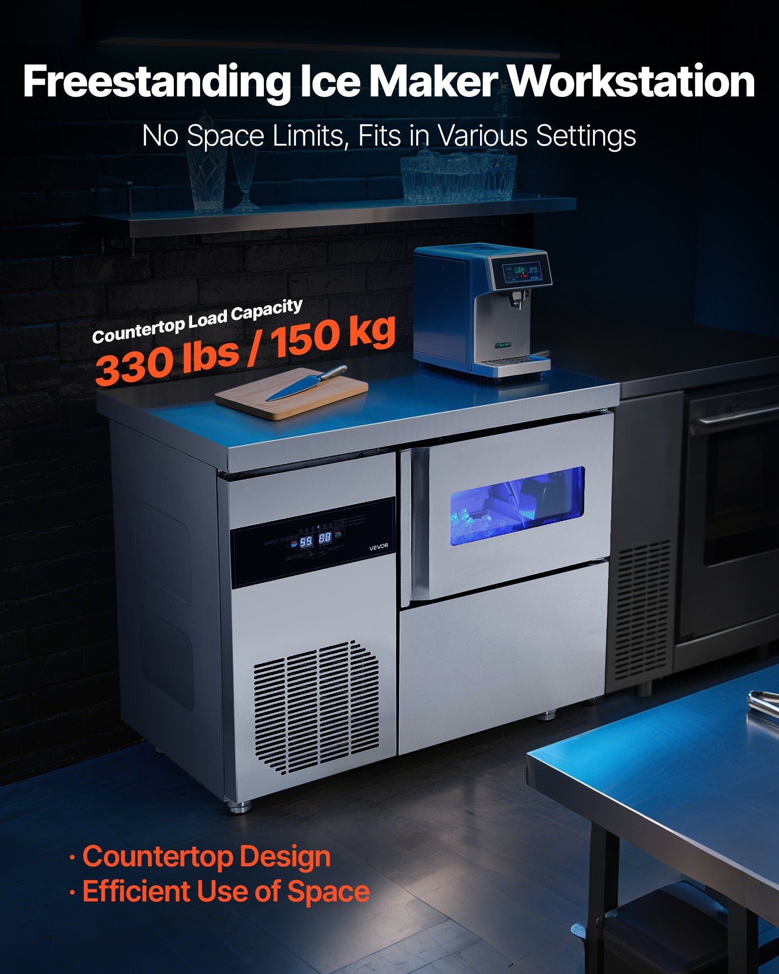 132 lbs/24H Commercial Ice Maker, Stainless Steel with Worktop, 30 lbs Storage & 70 Cubes per Cycle, Self-Cleaning Freestanding Design, DOBA-IM132-description-image
