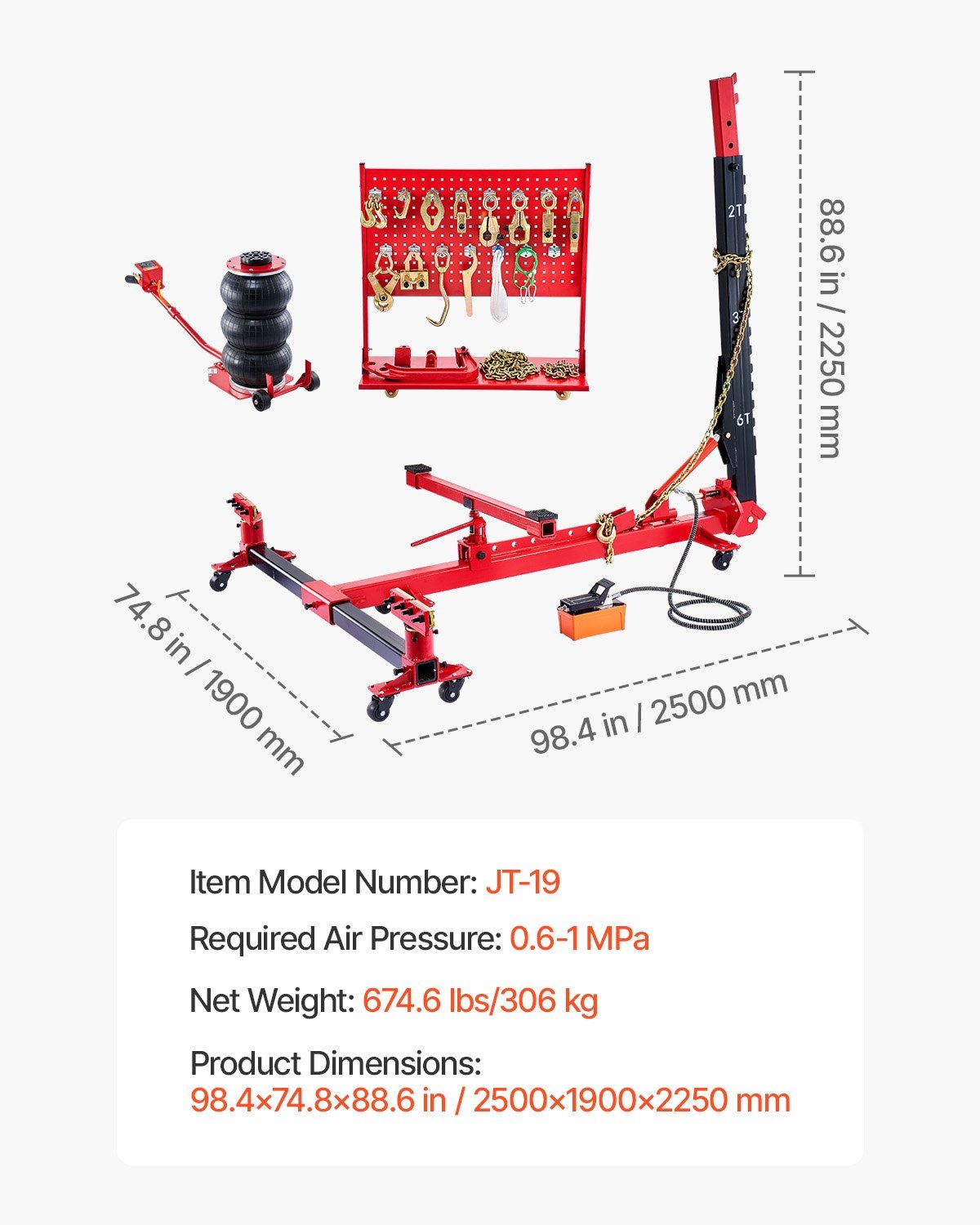 6T Auto Body Frame Puller Straightener, 3T Airbag Jack with 6000 PSI Hydraulic Foot Pump, Includes 16 Straightening Tools for Car/SUV/Pickup Repair, DOBA-FP6T-specifications-image