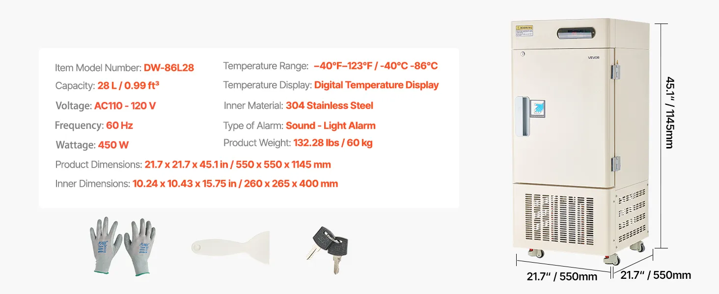 28L Ultra Low Temperature Lab Freezer, −40°F to −123°F Adjustable Temperature Range, Compact Stainless Steel Design, DOBA-LF28-specifications-image