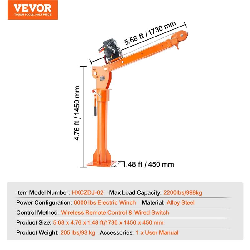 2200 lbs Electric Pickup Truck Crane, 360° Swivel Hoist Lift, Heavy-Duty Truck-Mounted Lifting Arm, DOBA-CH2200-specifications-image