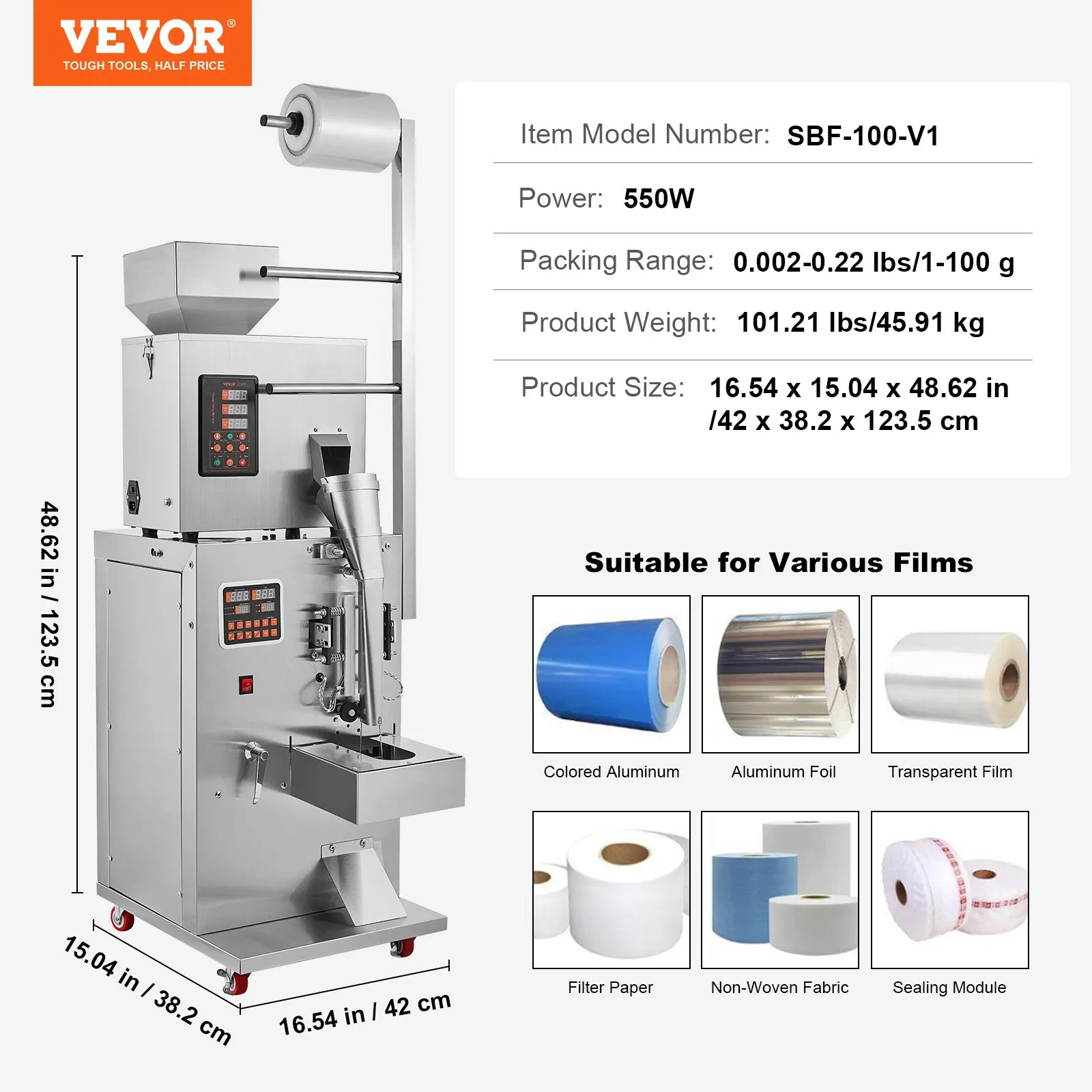Automatic Particle Packaging Machine, 1–100 g (0.002–0.22 lbs) Filling Range, Multi-Function Pouch Powder Weighing & Packing System for Tea, Seeds, Grains & Flour, DOBA-PM100-specifications-image