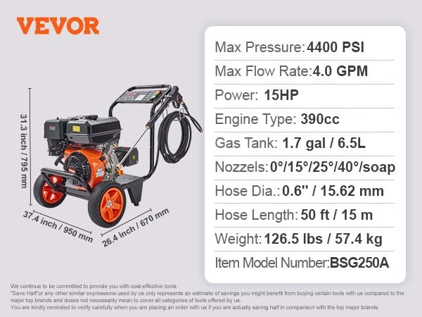 4400 PSI 4.0 GPM Gas Pressure Washer with Copper Pump, 15 HP Engine, 5 Quick-Connect Nozzles, DOBA-GPW4400-specifications-image