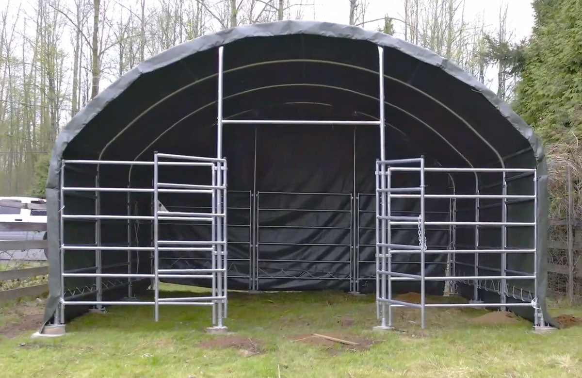 TMG Industrial 20’ x 20’ Livestock Corral Shelter, Powder Coated Structure, 12’ Dome Roof, 17 oz Military Green PVC Fabric Covering, 6-Bar Corral Panels, 5’ Front Swing Gate, TMG-ST2020L-youtube-thumbnail